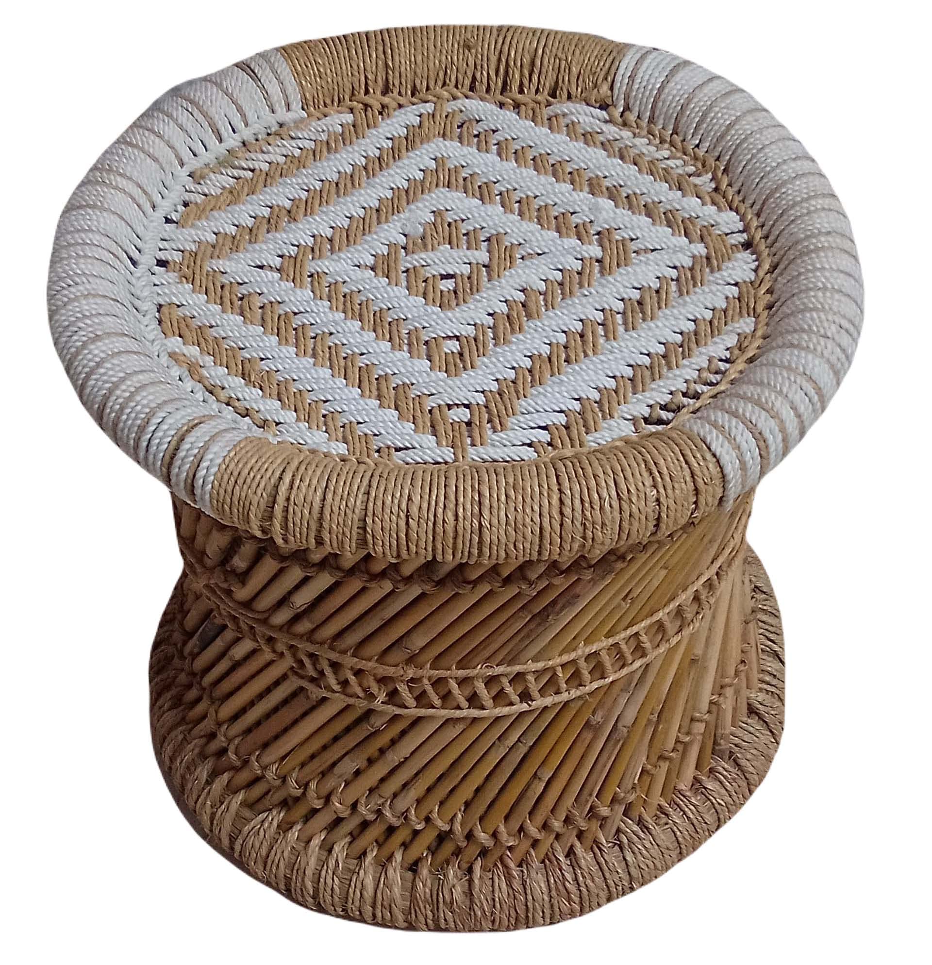 RCLV ! Rajasthani Pure Handmade Bamboo mudda/Stool/Chair for Living Room/Office/Home for Indoor/Outdoor White & Beige 17X13