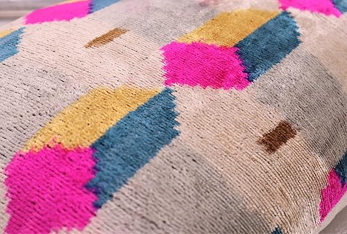 Miniatura 5 de Almohada de terciopelo de lujo hecha a mano con inserto de plumón, 16 x 24 pulgadas, patrón geométrico rosa, azul y amarillo, cojín decorativo para