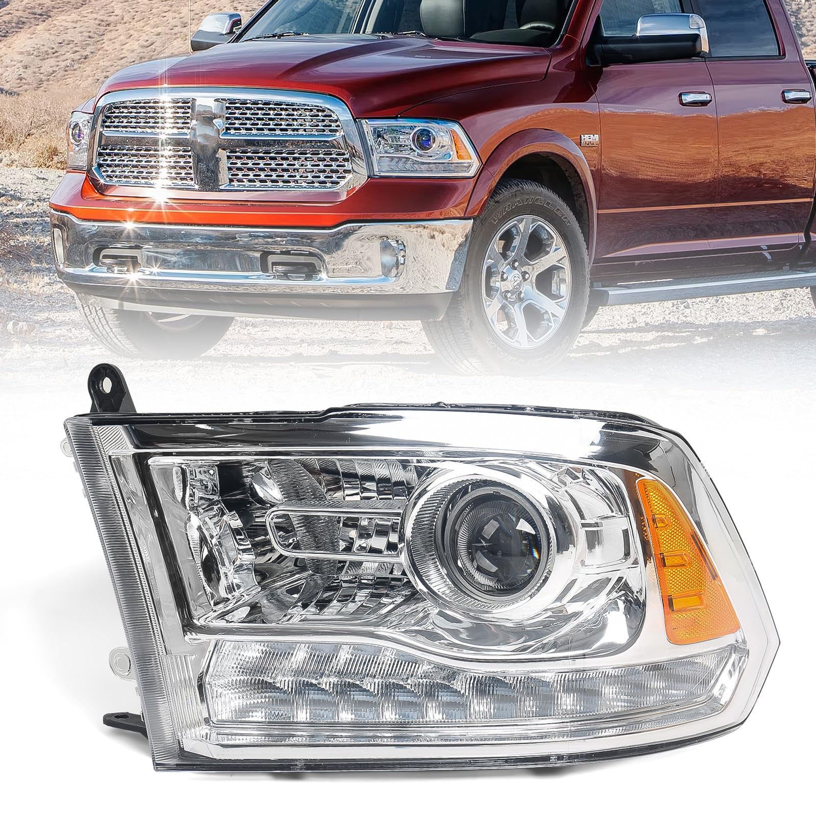 2013-2018 halogen headlight assembly for dodge ram 1500 2500 3500 left driver side projector headlamp with led drl chrome housing lh