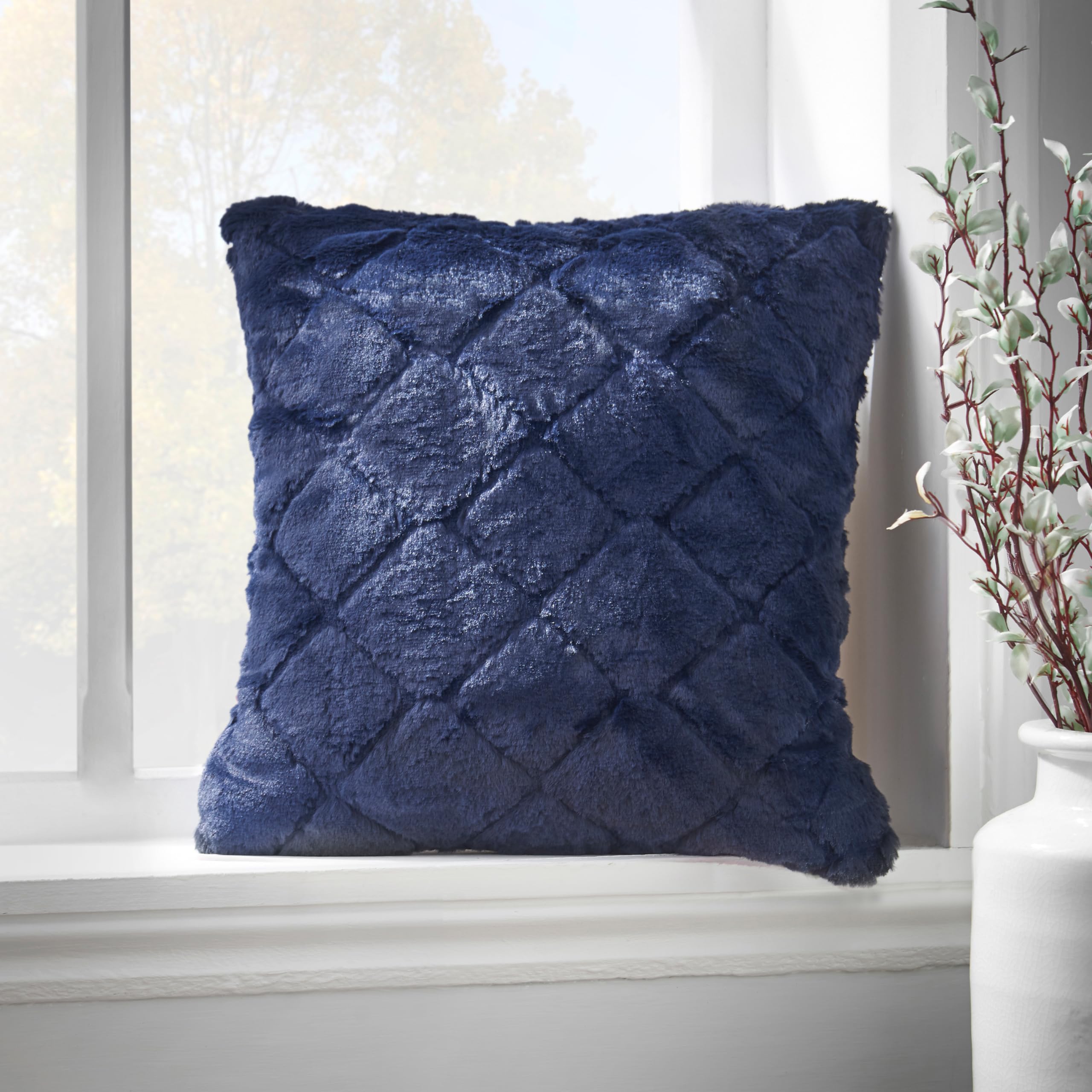 Catherine Lansfield  Cosy Diamond Faux Fur Cuddle Cushion Back Rest - Navy Blue - 43x43cm