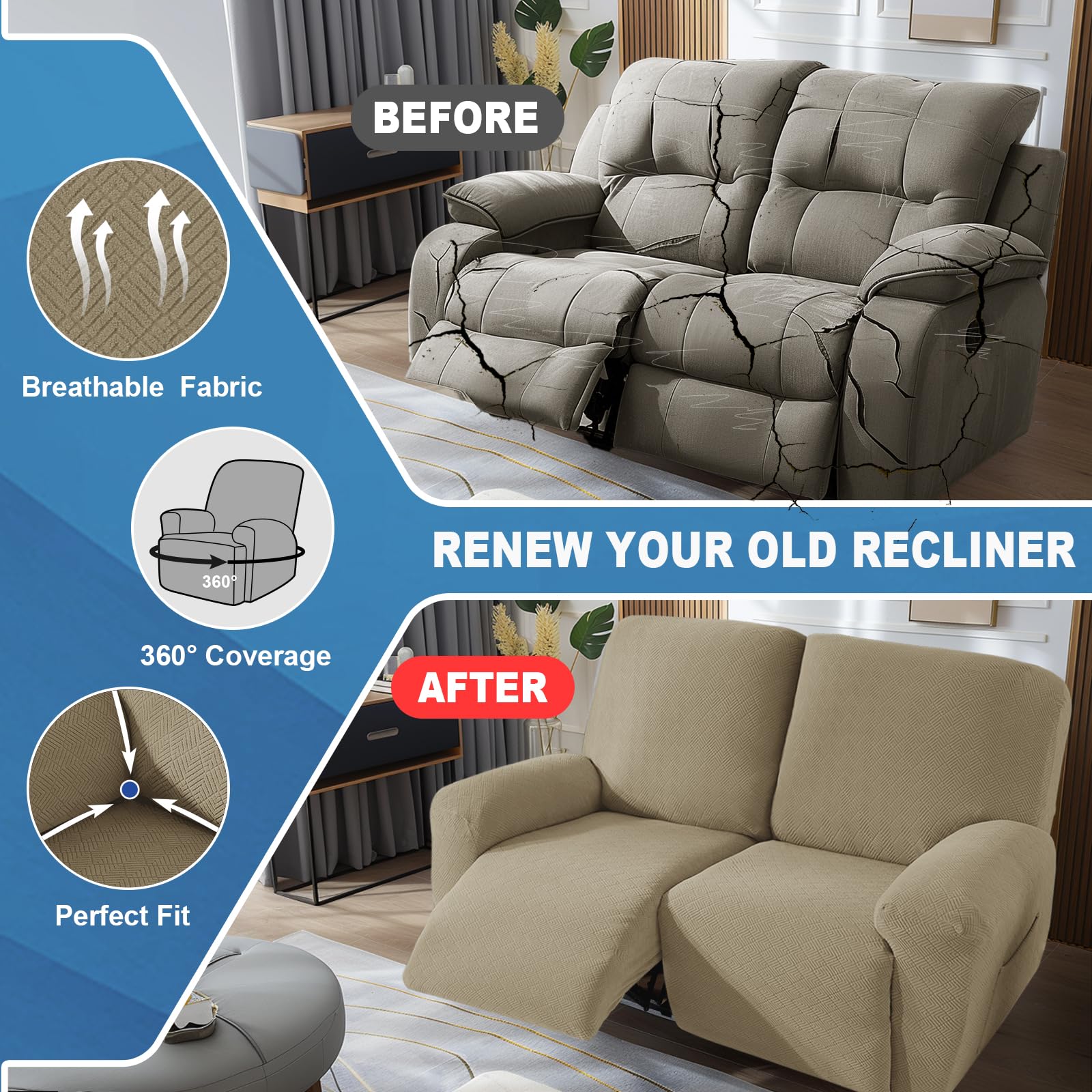 JIVINER Loveseat - Fodera per poltrona reclinabile, 4 pezzi, per divano reclinabile, 2 cuscini, copridivano Jacquard di recente protezione per mobili con tasche laterali (cachi, 2 posti)
