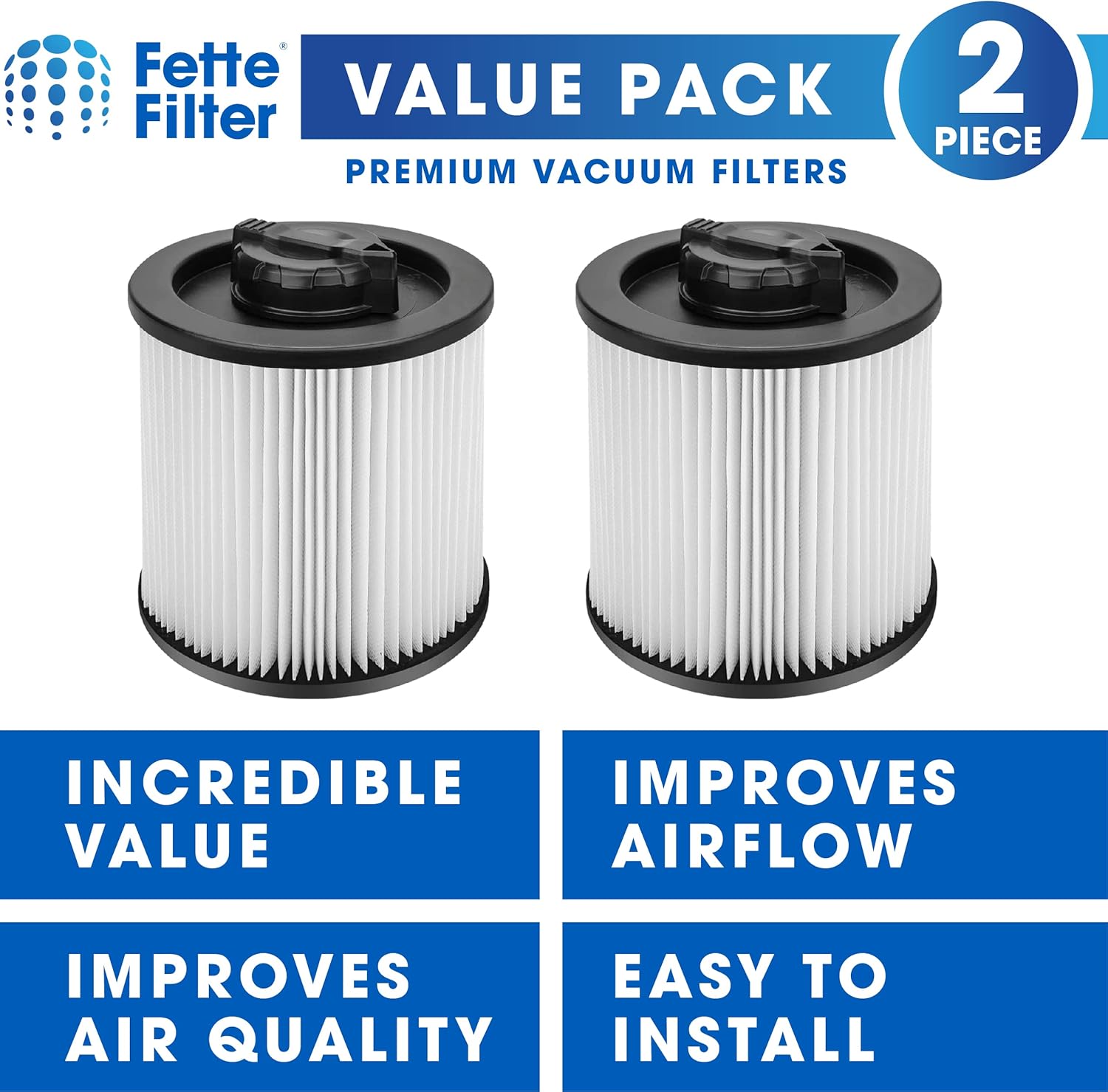 Fette Filter - DXVC6910 Cartridge Filter Replacement Compatible with DEWALT DXVC6910 for 6-16 Gallon DEWALT Wet/Dry Vac Includes 2 Premium Replacement Cartridges.