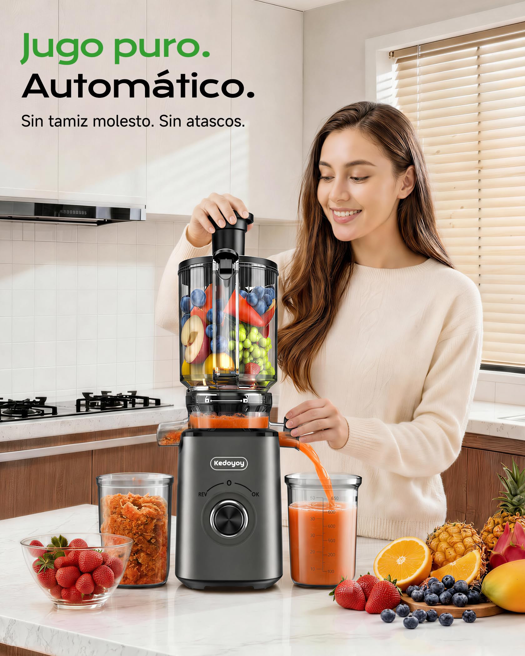 Exprimidor de frutas y verduras, 130mm XL | 1,8L Slow Juicer, 600 ml, sin BPA, fácil limpieza, para familias, color gris