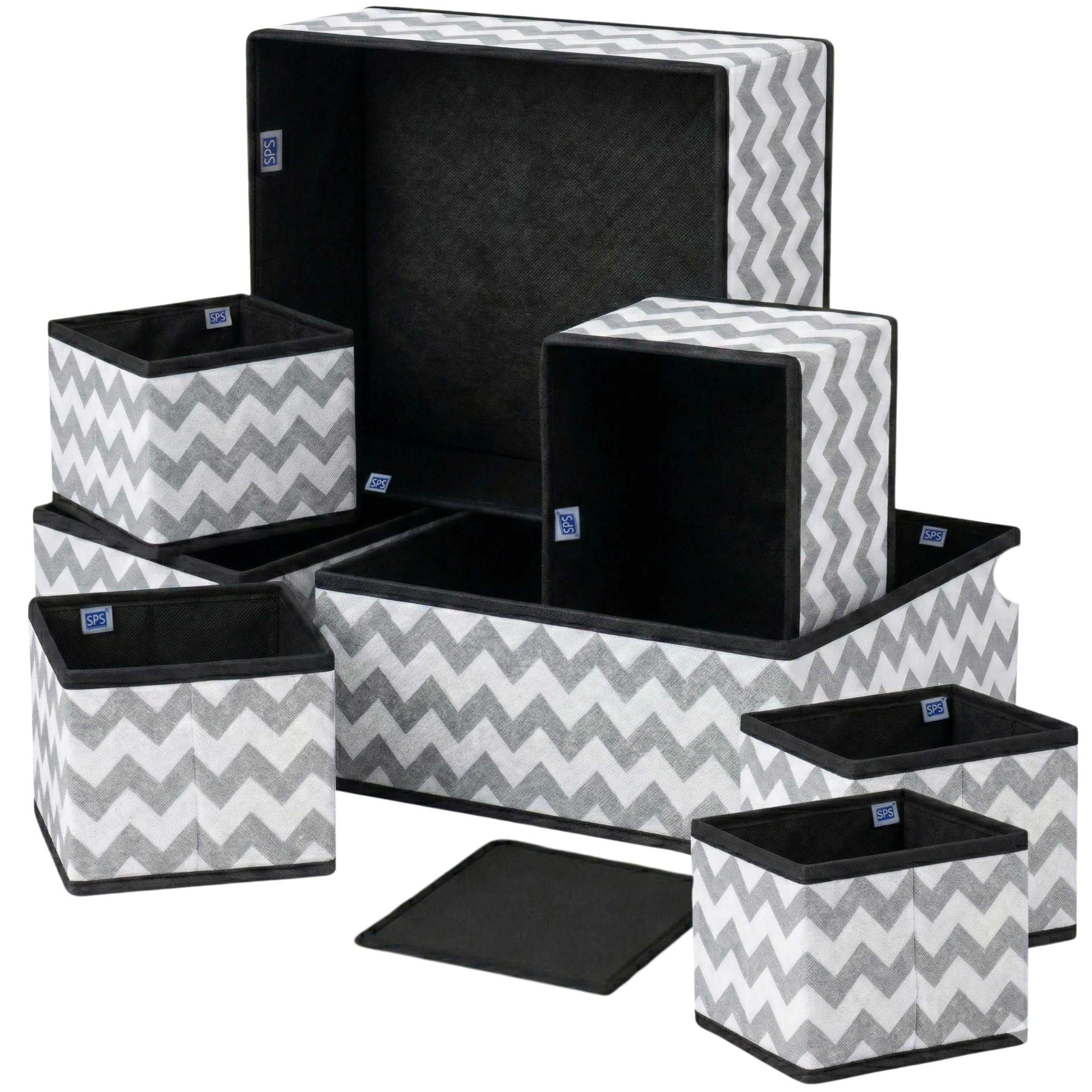 Skrill 8-Piece Foldable Cloth Storage Box Set | Odourless Cube Baskets, Bins & Dividers for Closet & Dresser Drawer Organization | Storage for Shirts, Pants, Underwear, Bras, Socks (Zigzag Waves Grey)