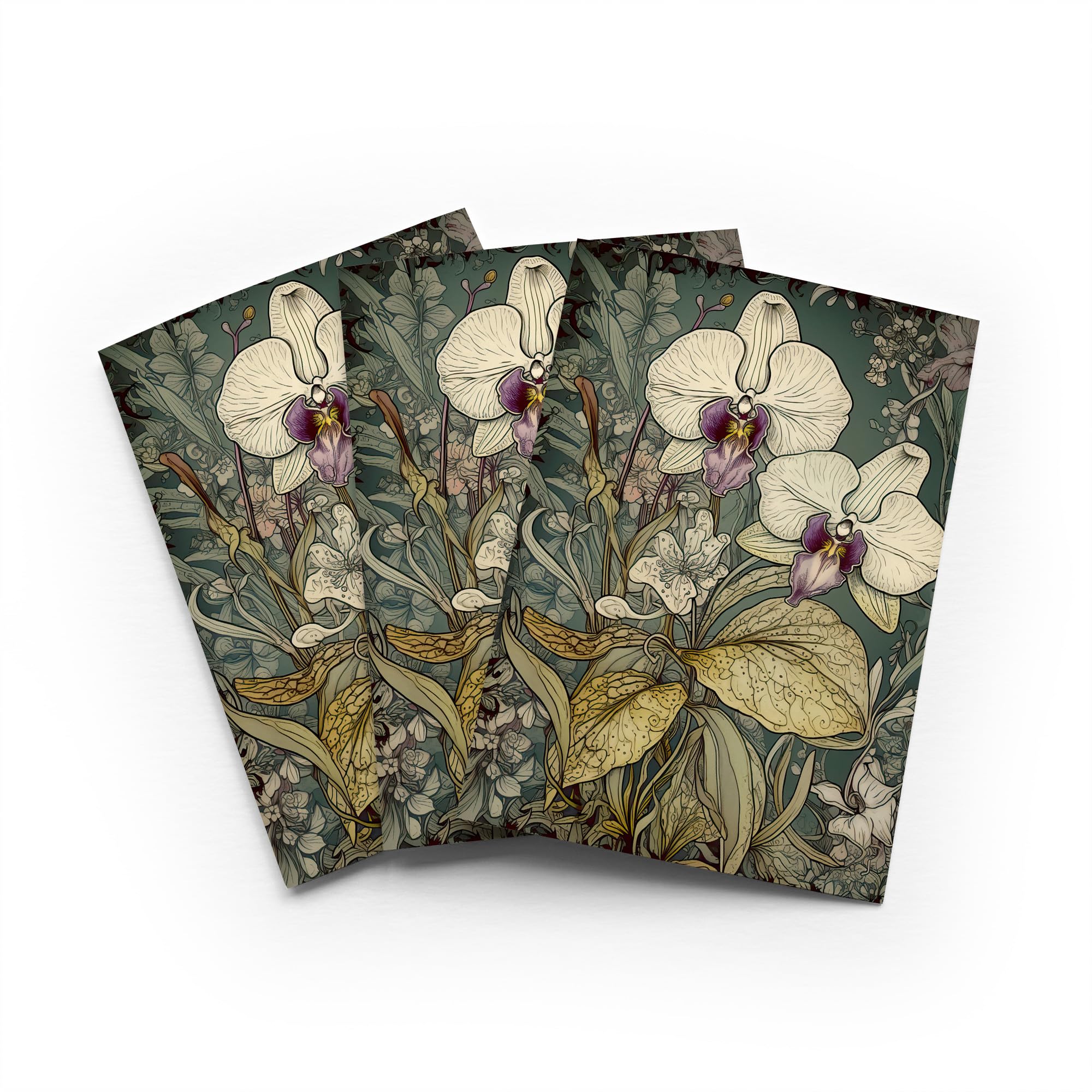 Orchid Flowers Greeting Card Art Nouveau Botanical Any Occasion Set of 3 Blank Inside 5x7 Inch 13x18 cm