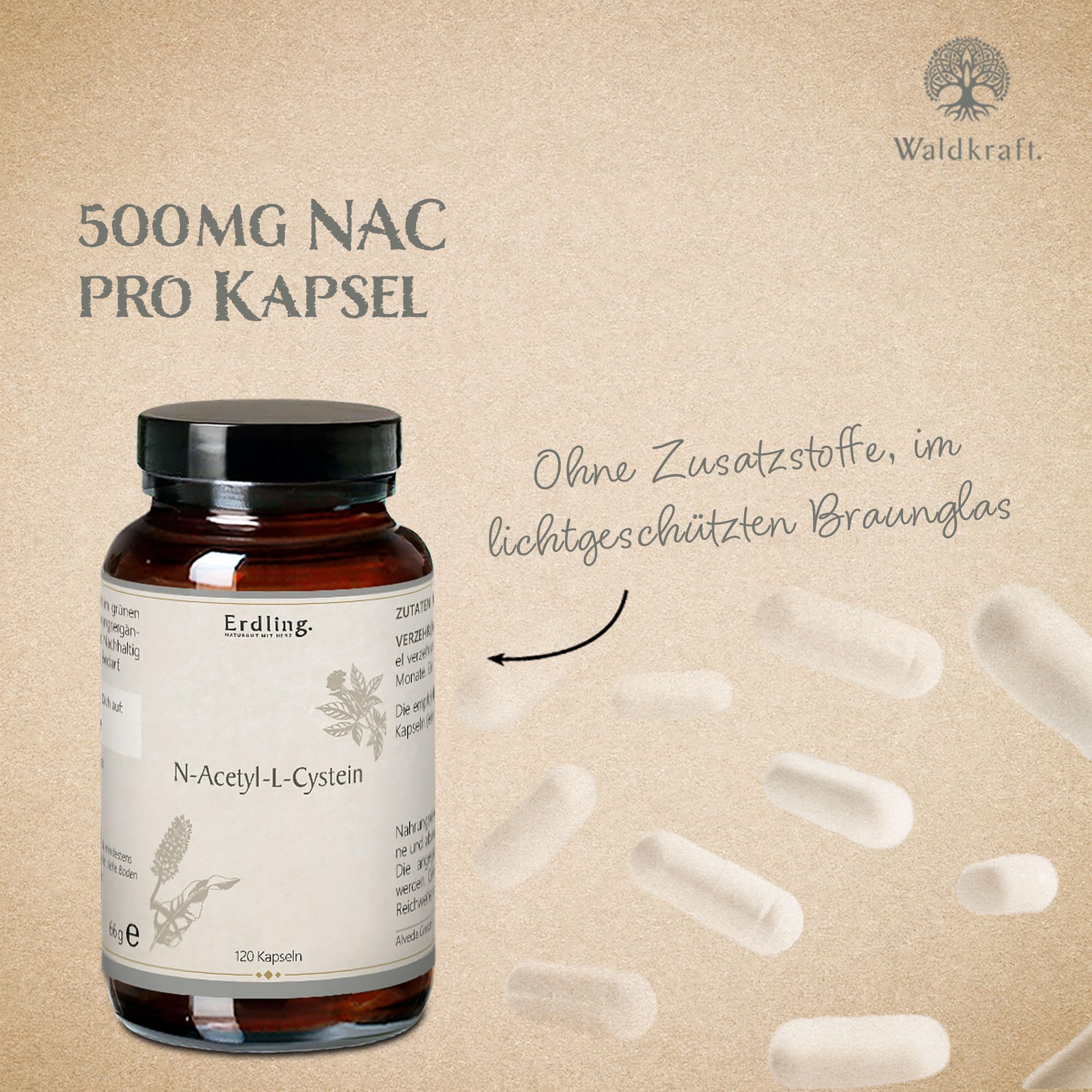 Waldkraft 3er Set NAC Kapseln | 3x 500 mg reines N-Acetyl-L-Cystein pro Kapsel | Vegetarische HPMC-Kapseln | Ohne Zusatzstoffe | Regional abgefüllt in Berlin | 3x 120 Kapseln im Braunglas