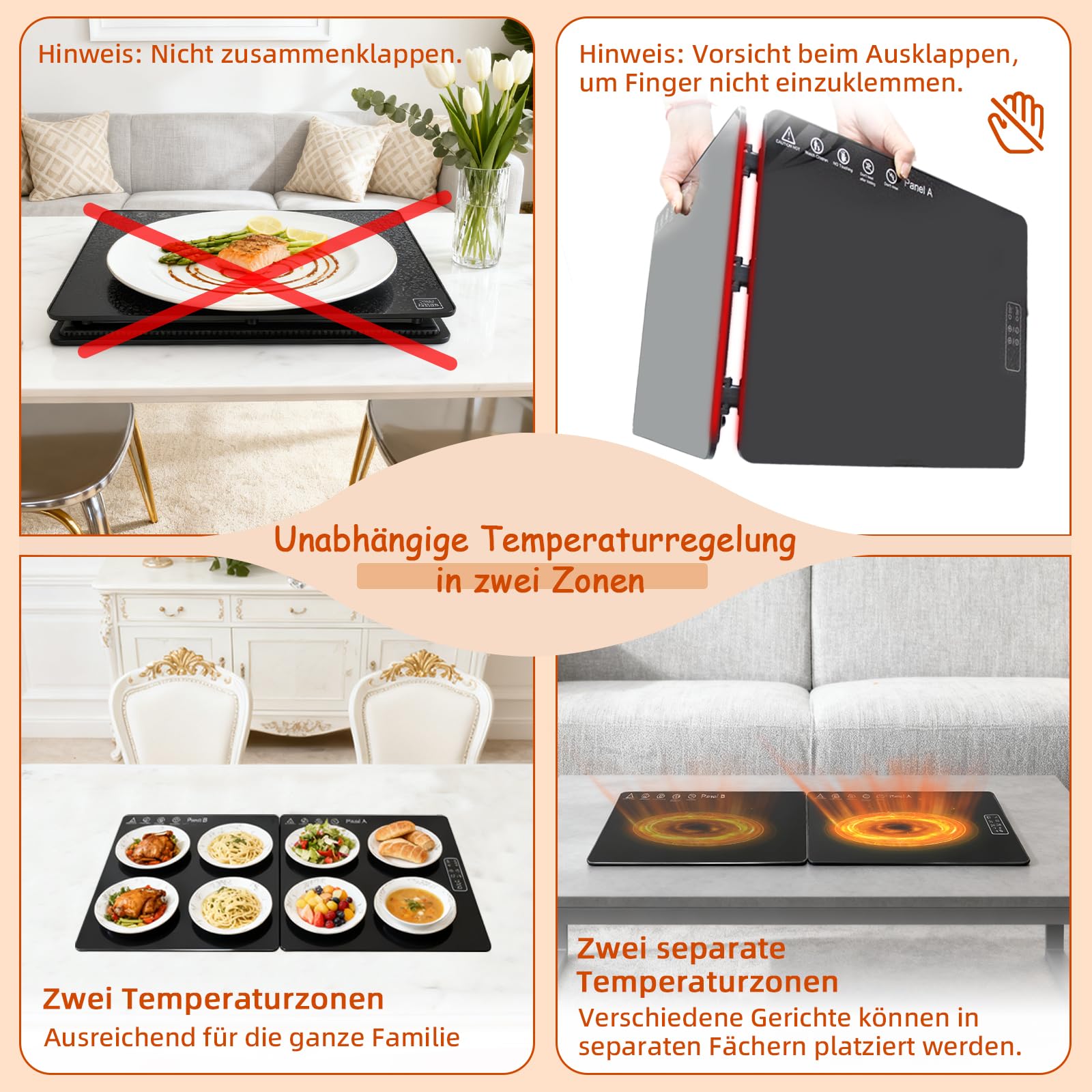 Elektrische Warmhalteplatte für Speisen, Speisenwärmer mit Temperaturregelung & Sicherheitsfunktion, Große Glasoberfläche 80x30cm Faltbares Wärmeplatte, Warmhalten oder Auftauen von Speisen
