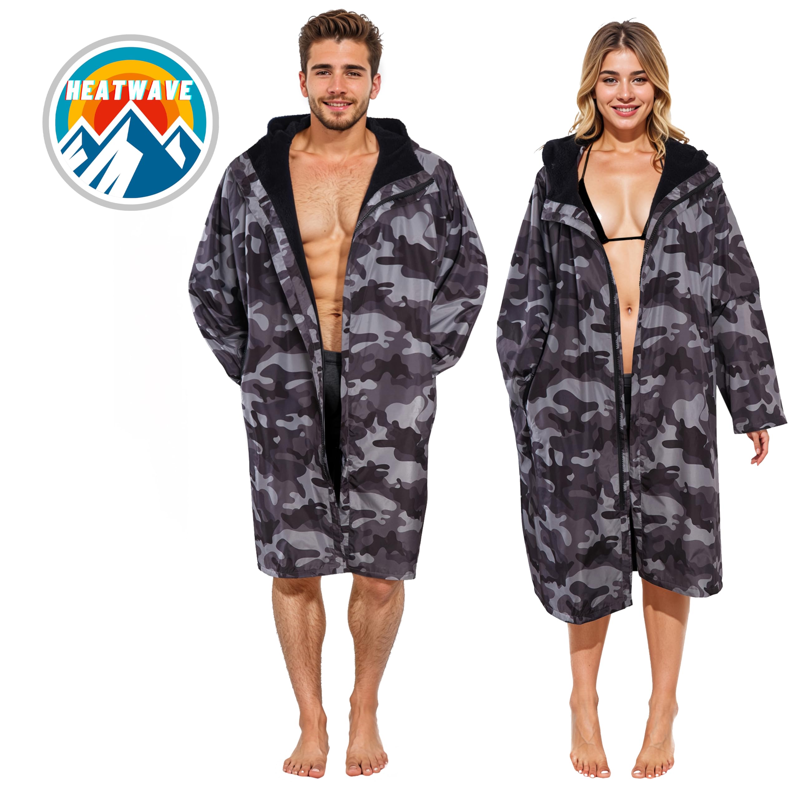 Heatwave Unisex Outdoor-Bademantel, langärmelig, winddicht und wasserdicht, Kapuzenmantel für Strand, Wildschwimmen, Surfen, Übergröße, schnell trocknend