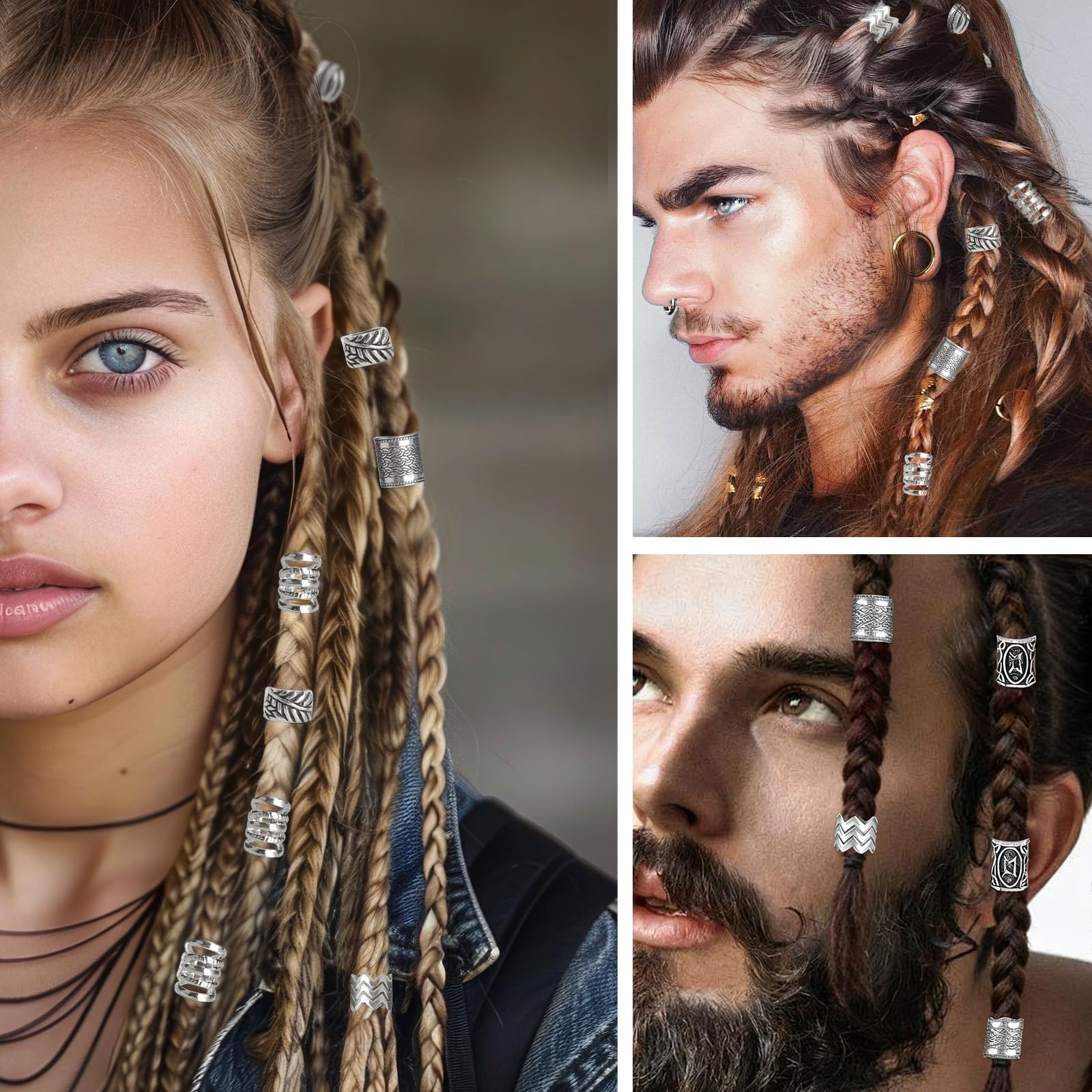 Perlas para Cabello Dreadlocks Barba Hombre Accesorios Pelo Estilo Vikingo Set 44 Piezas con Caja