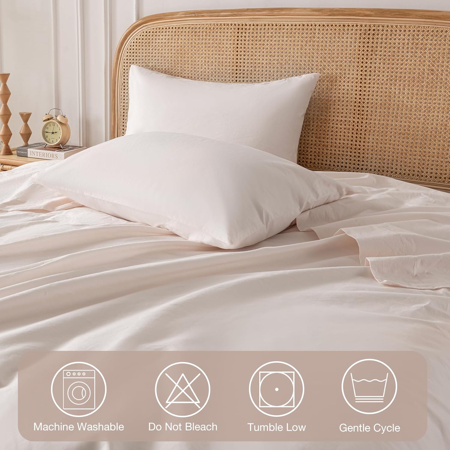 Yibeizi Bridal Blush 100% Washed Cotton Sheet Set Queen Size, 4 Pieces Deep Pocket Bed Sheets Soft Breathable Hotel Bedsheets