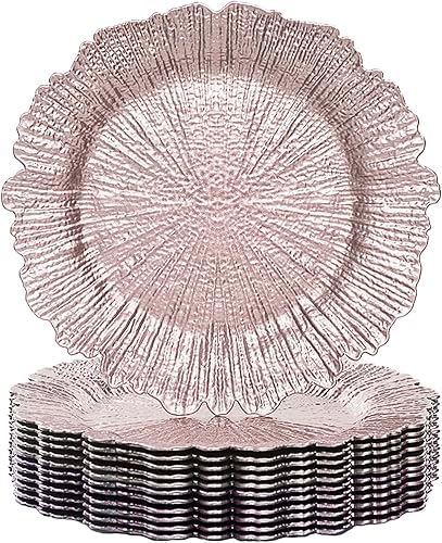 MAONAME Juego de 12 platos cargadores rosas, cargadores de platos de arrecife para plato de cena, platos cargadores de plástico para mesa para boda