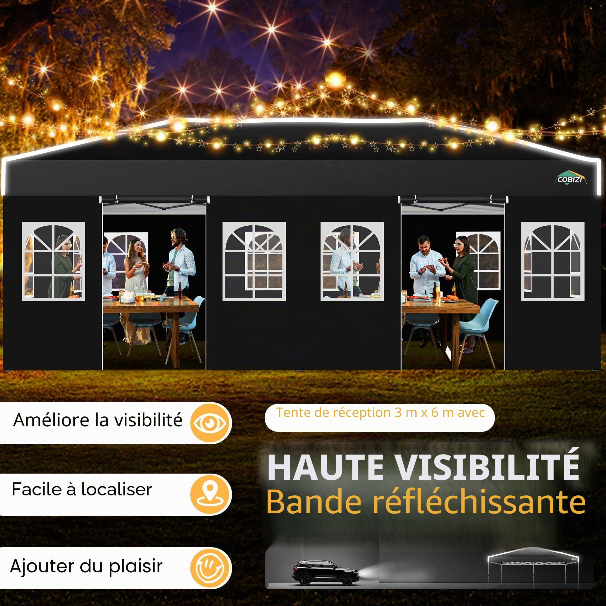 COBIZI Tonnelle Pliante 3x6, Tonnelle de Jardin Exterieur, Imperméable Tente de Reception avec 6 Panneaux Latéraux, Protection UV 50+, Tonnelle de Jardin pour Fêtes Commercial Mariage,Noir