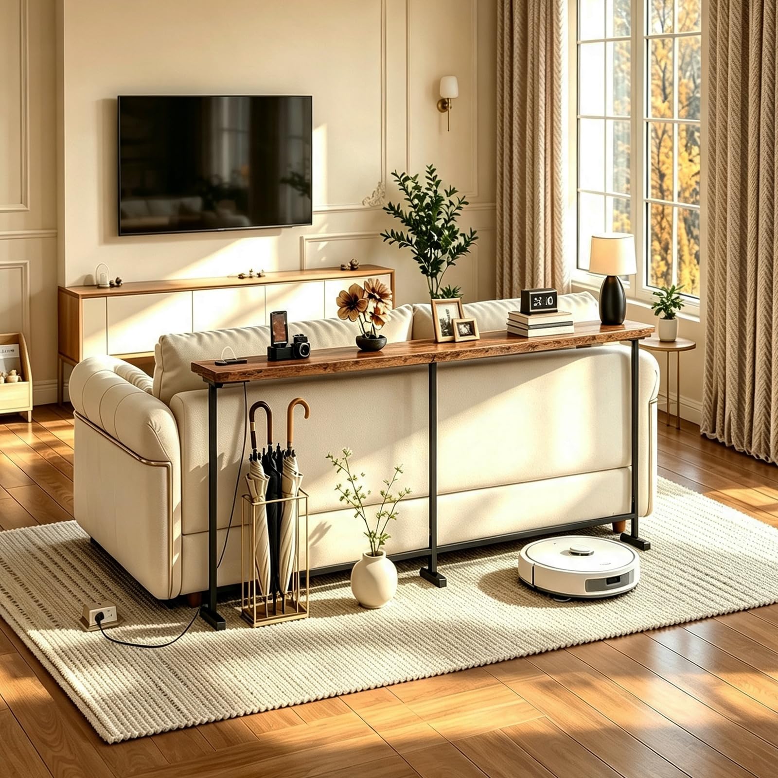 Homullel Slim Console Table with Power Outlet, Narrow Sofa Back Table