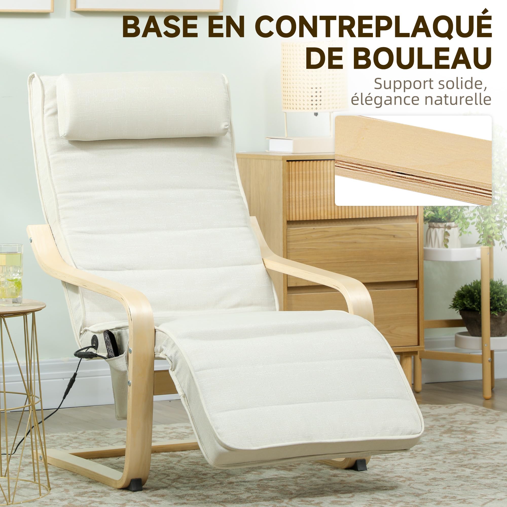 HOMCOM Fauteuil de Salon, Fauteuil Relax massant et Chauffant avec Dossier Haut, Appui-tête, Repose-Pieds réglable, télécommande et Poche latérale, Tissu Aspect Lin, pour Chambre Salon, crème