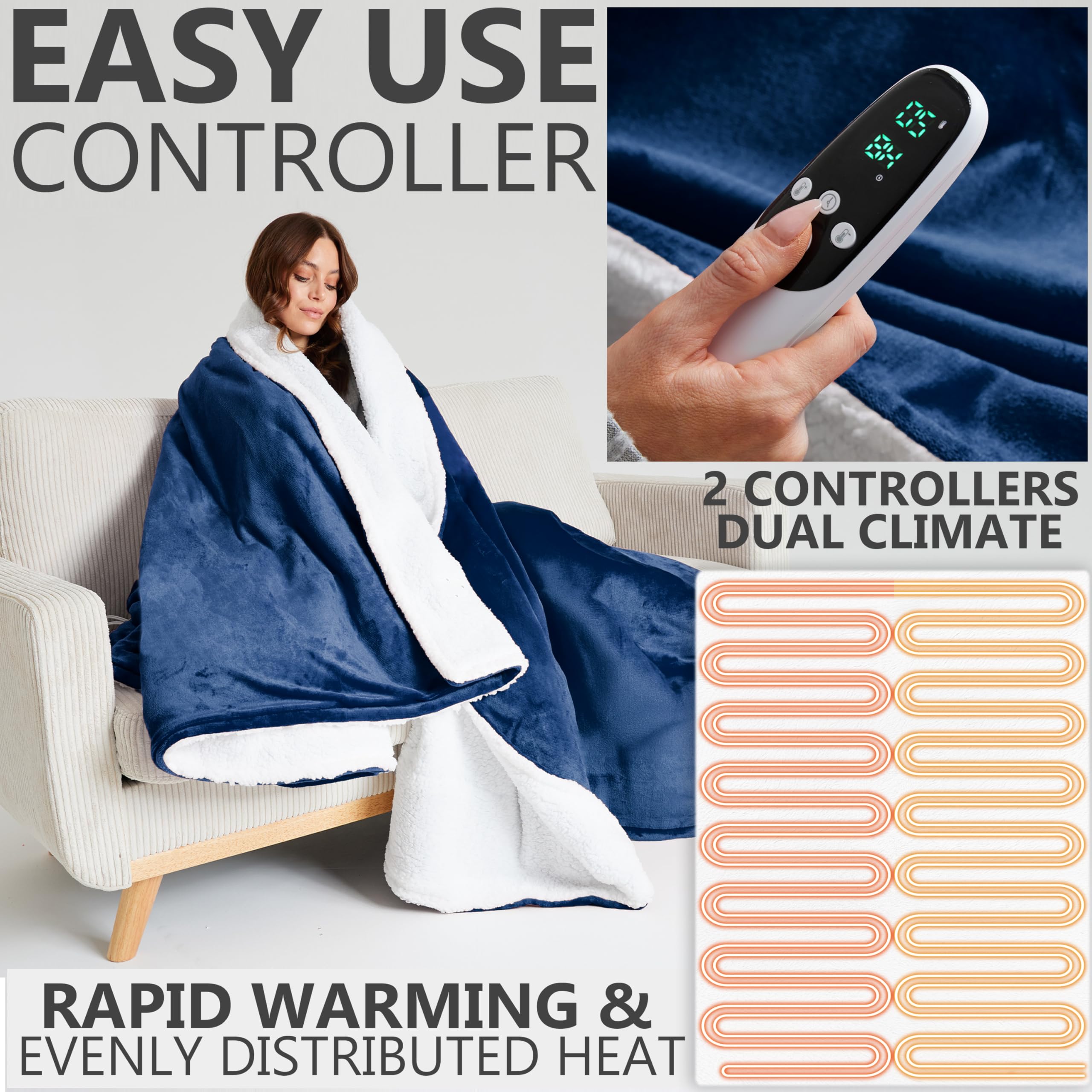Get Trend Coperta Riscaldante Elettrica King 230x265 cm, Plaid in Pile Sherpa, 9 Livelli, Timer 12 Ore, Riscaldamento Elettrico Rapido, Idea Regalo Cosy (Blu Navy, King EU)