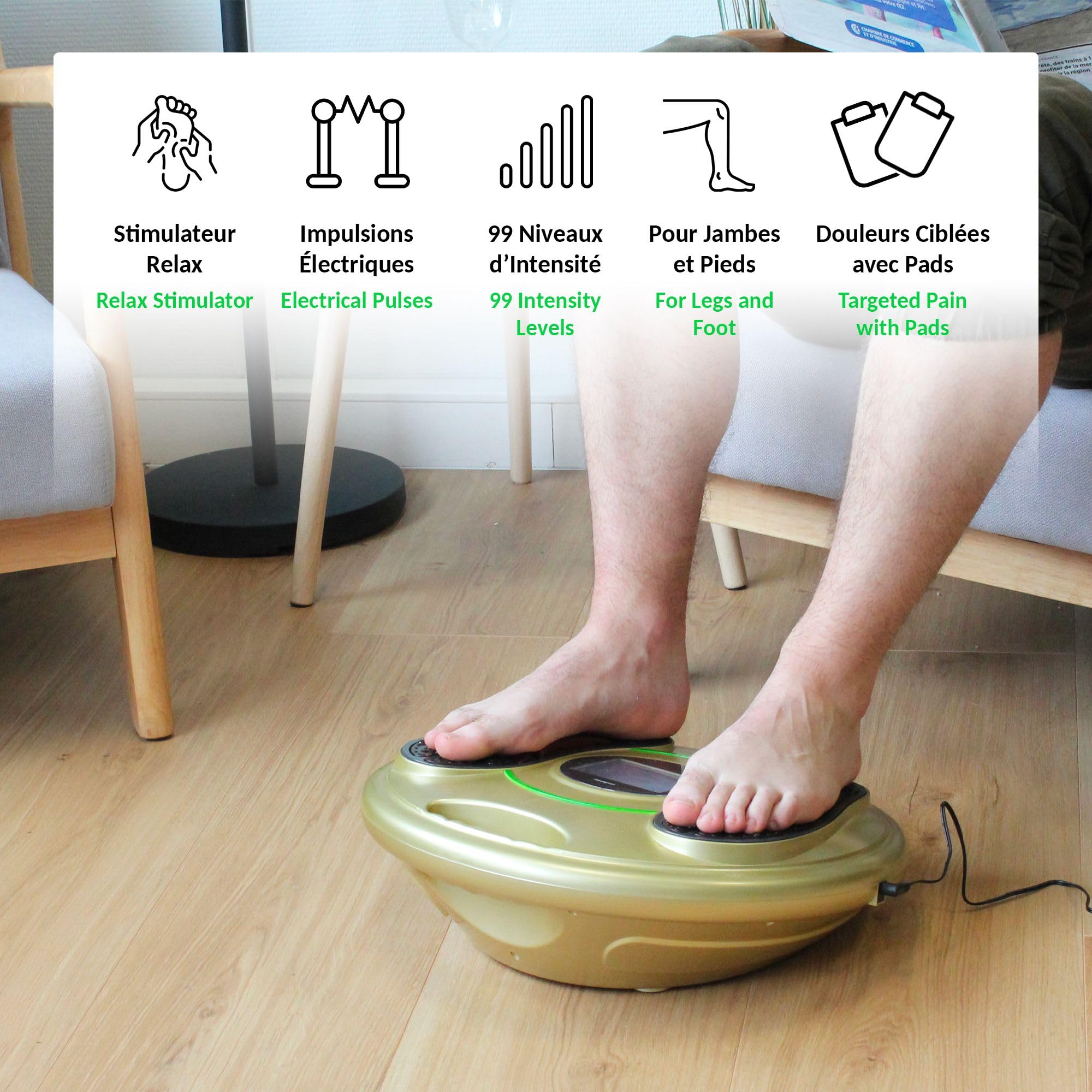 FISHTEC - Stimolatore muscolare antidolorifico - Impulsi elettrici con 99 livelli di intensità e 25 programmi - Fornito con 4 pad e telecomando - Piedi pieghevoli - Ampio display LCD, Oro E Verde