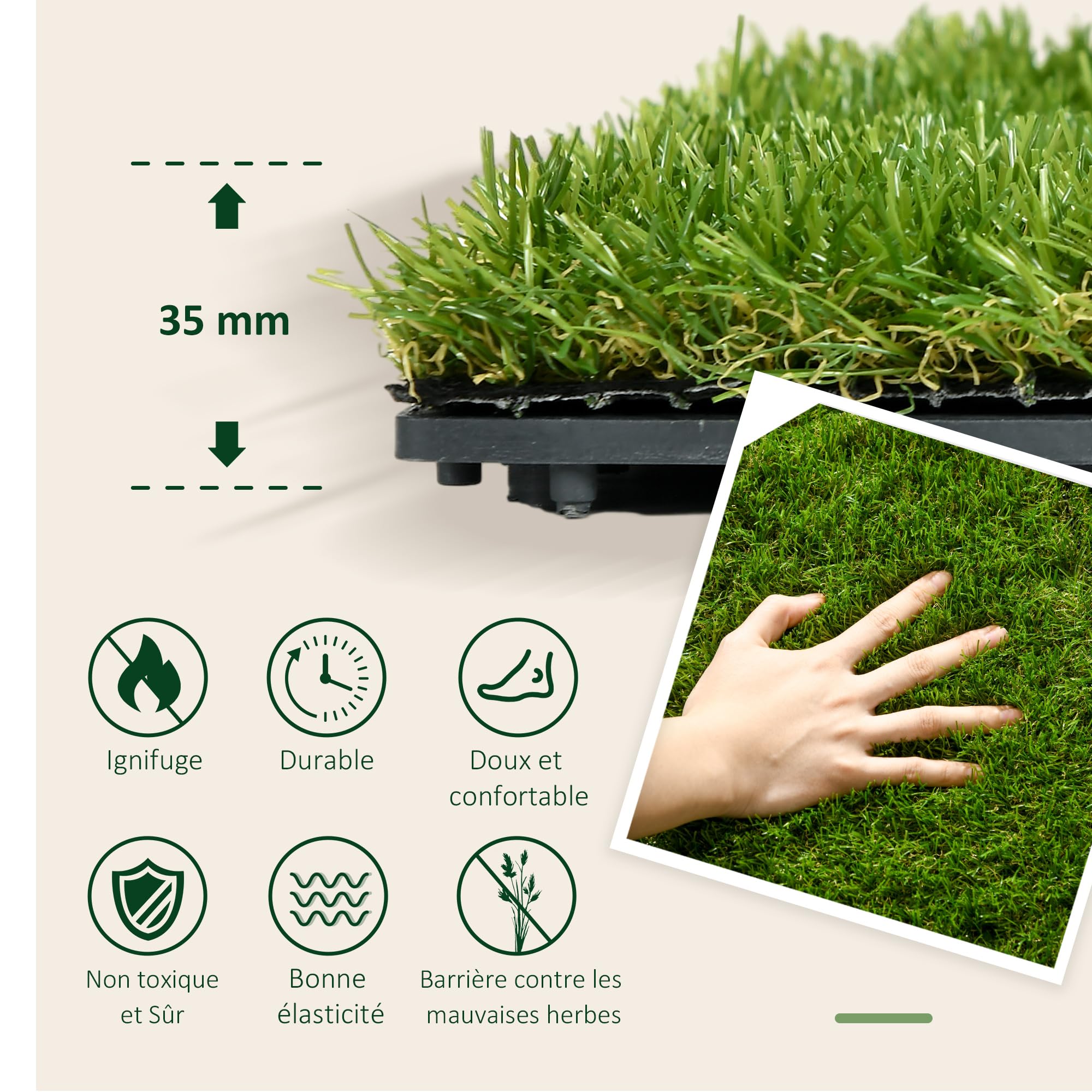 Outsunny Gazon synthétique Artificiel Set de 10 Dalles Carreaux 30 x 30 cm épaisseur Confort 3,5 cm à emboîter Vert