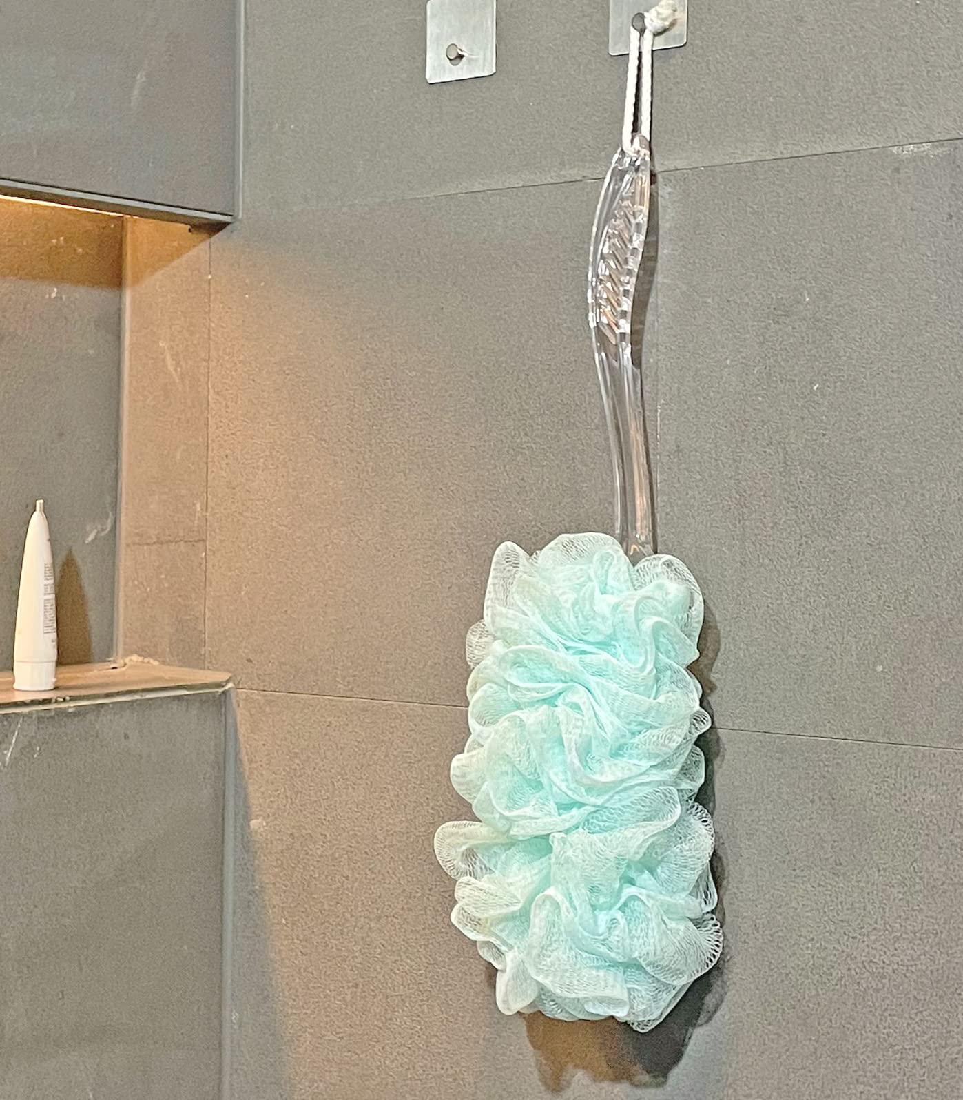 Loofah Szczotka do pleców pod prysznic, długa rączka, miękka nylonowa siatkowa gąbka luffa na patyku, peeling do czyszczenia luffa dla osób starszych, dla mężczyzn i kobiet, 2 szt., zielona