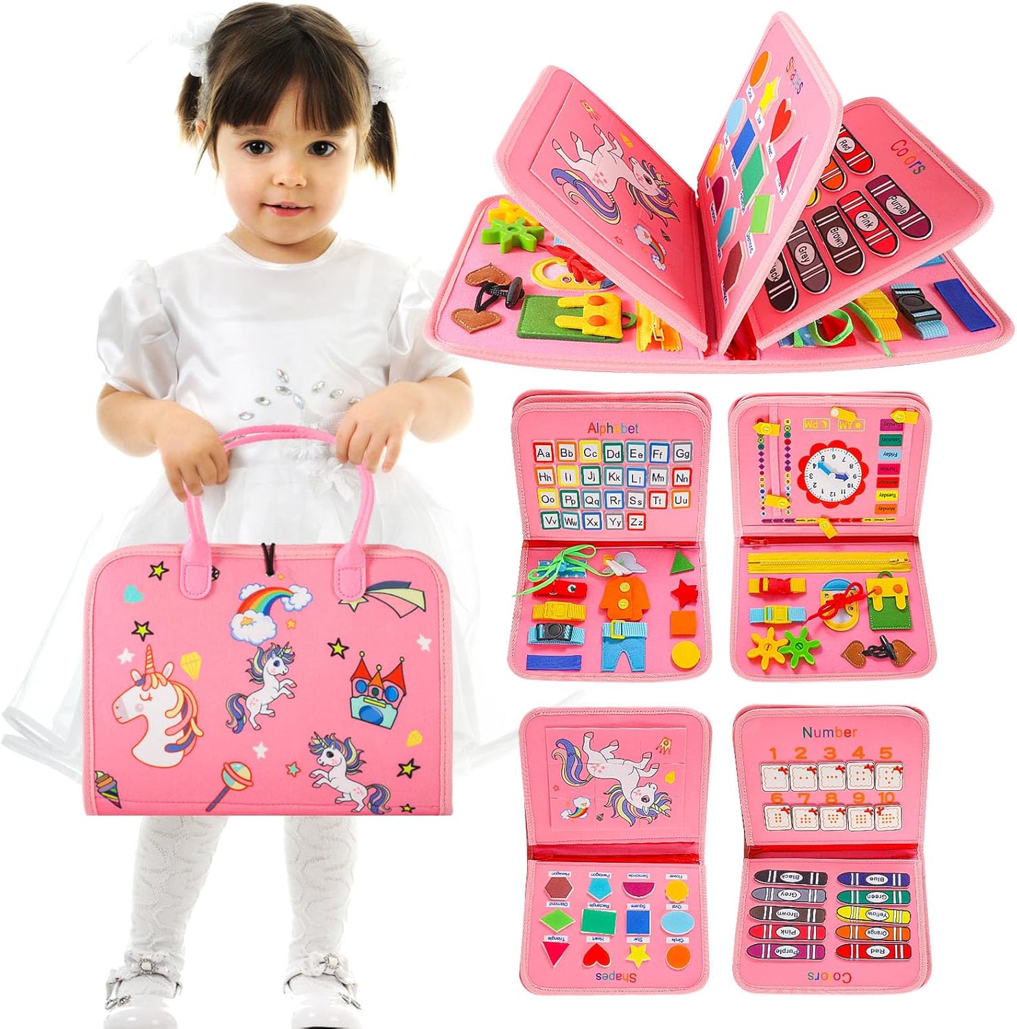 Lanjue Busy Board for Toddlers, Montessori Sensory Toys 22 in 1 Activity Fine Motor Skills Preschool Educational Portable Travel 1-6 Year Old Girls Gifts (Unicorn), Medium (LM-0757)