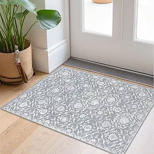KILOCOCO 2x3 Small Area Rug, Moroccan Super Soft Entryway Rugs Indoor Vintage Washable Rug Non-Slip Indoor Door Mat, Accent Print Faux Wool Throw Rug for Kitchen Bedroom Entrance, Silver Grey/Blue
