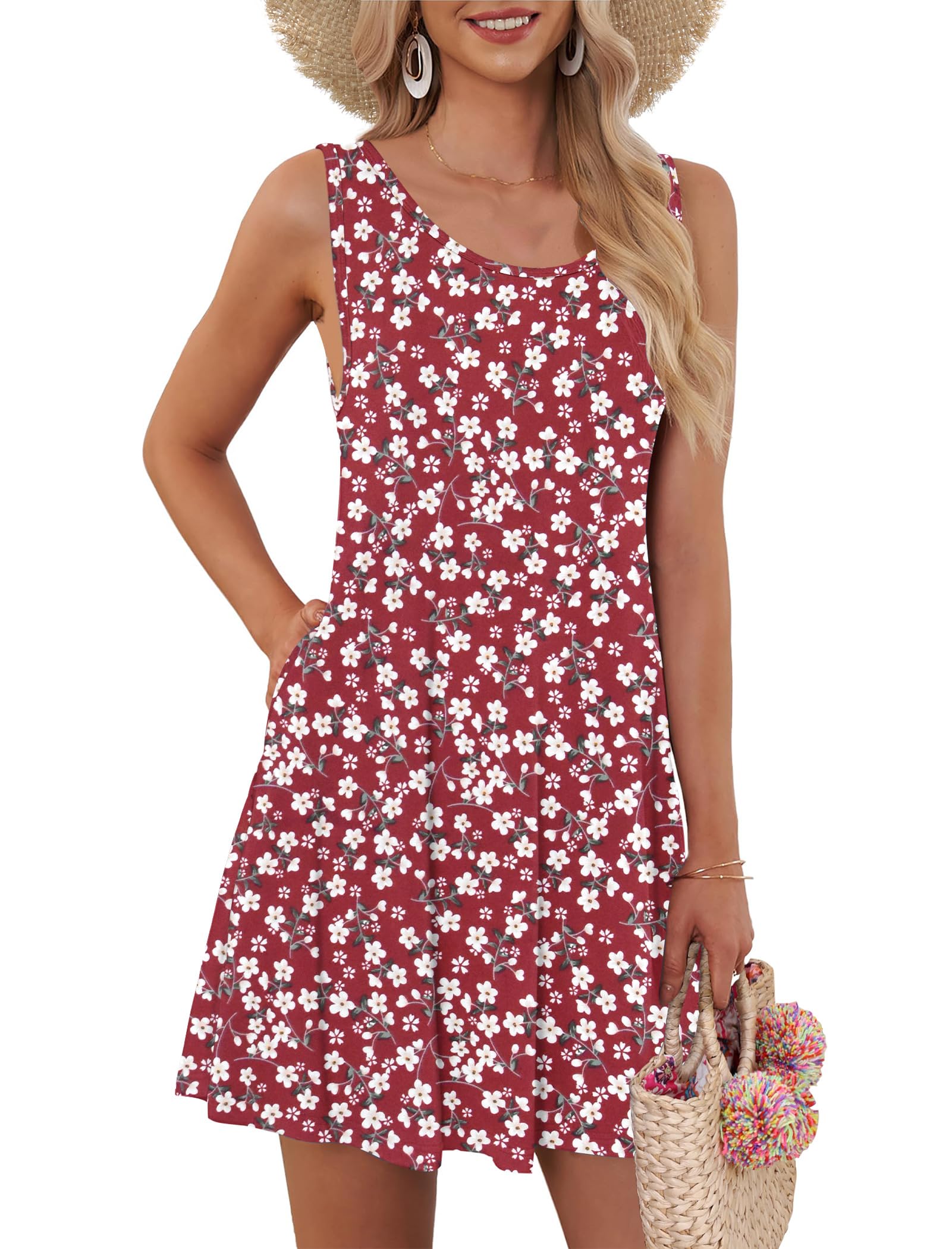 Auselily Women's Red Flowers Beach Dresses For Uk Mini Sleeveless Summer Dress With Pocket 2XL