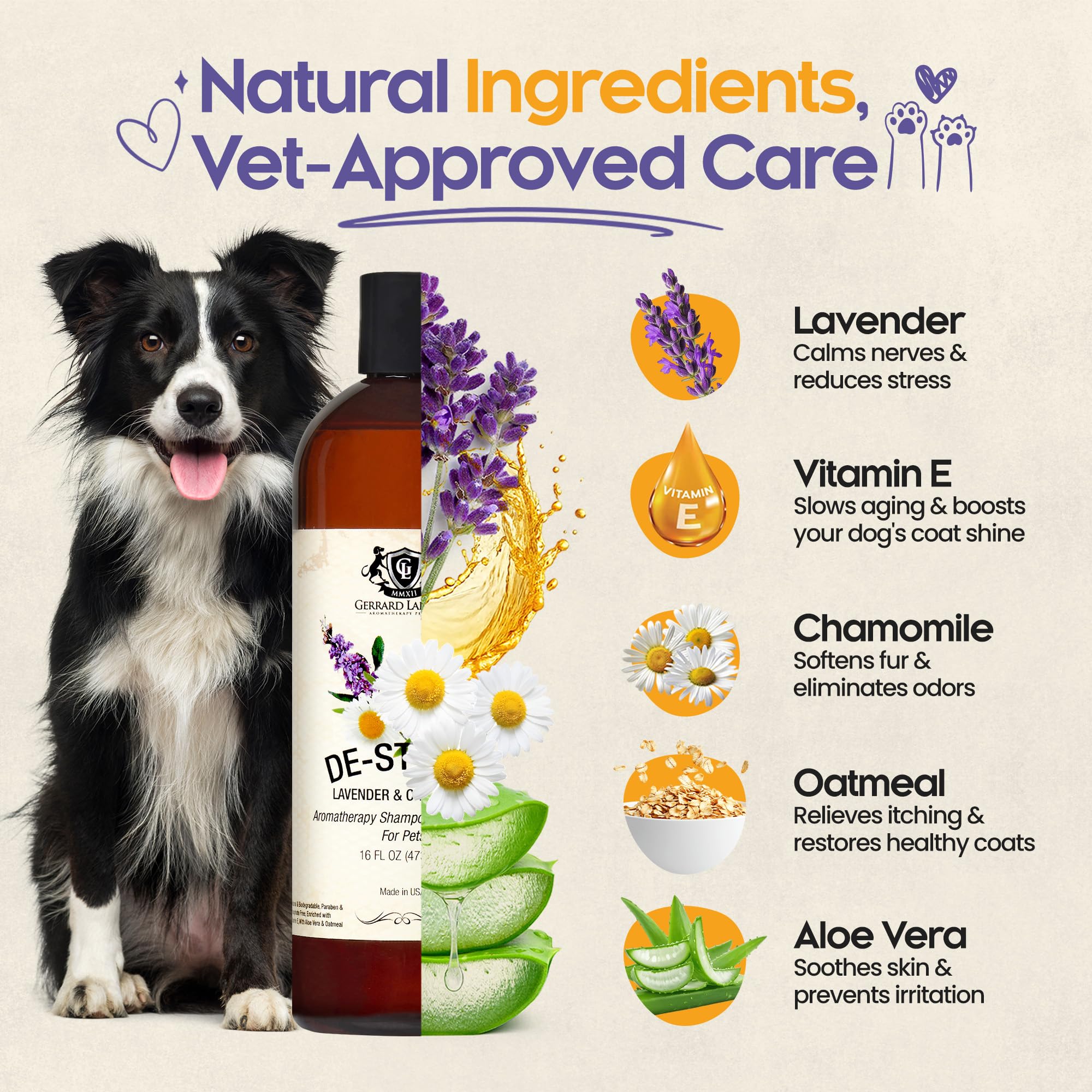 Gerrard Larriett De-estrés Lavanda y Manzanilla Aromaterapia Shampoo y Acondicionador para los Animales domésticos, medicado, blanqueando, Avena Champú Dog & Pet Odor Eliminator