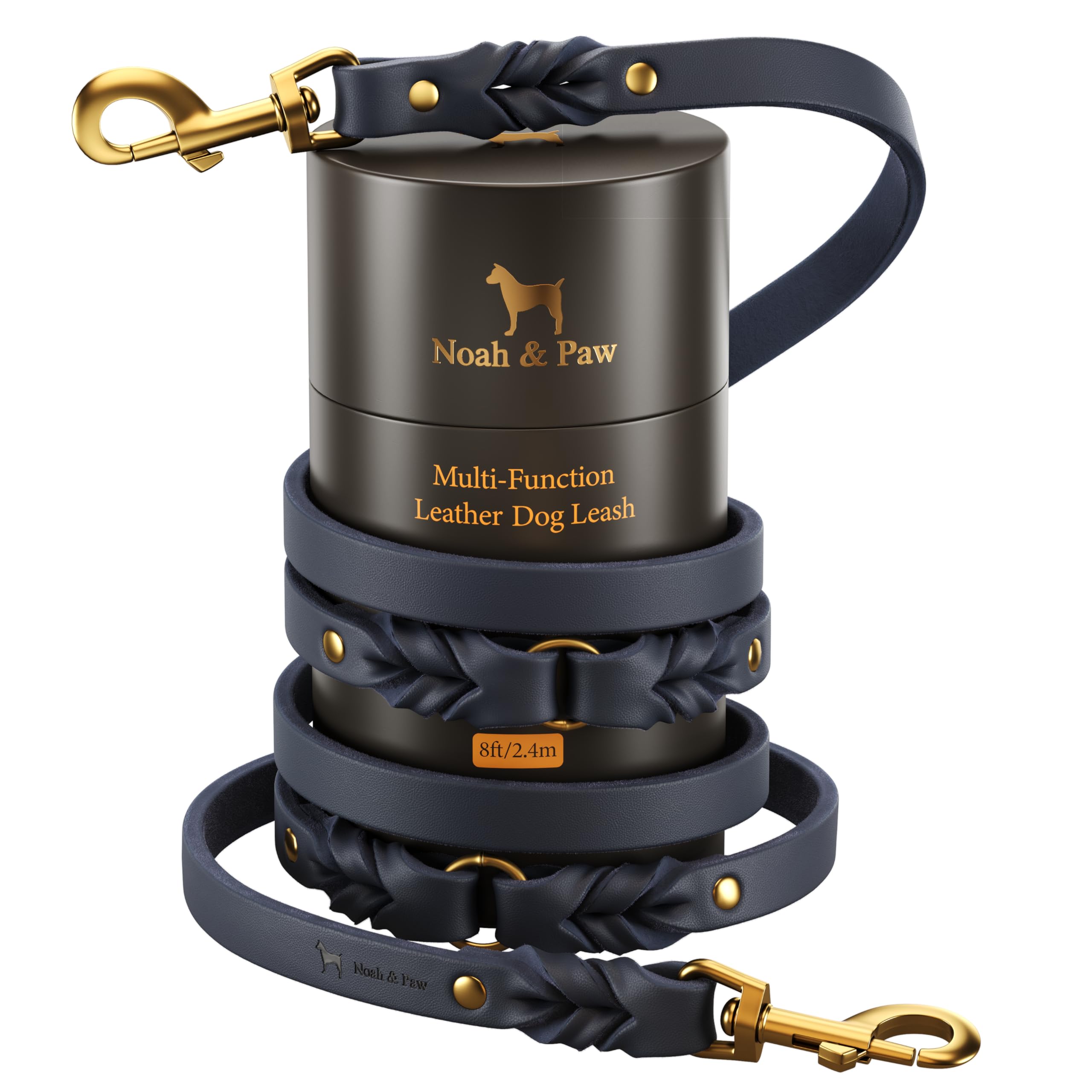 NOAH & PAW Leather Dog Leash, Premium Oil-Waxed Leather Braided, 8 ft Long Dog Leash with 6 Ways to Use Hands-free, Quick-tie, Double Pet Lead Etc. Matching Collar Available. (Dark Blue)