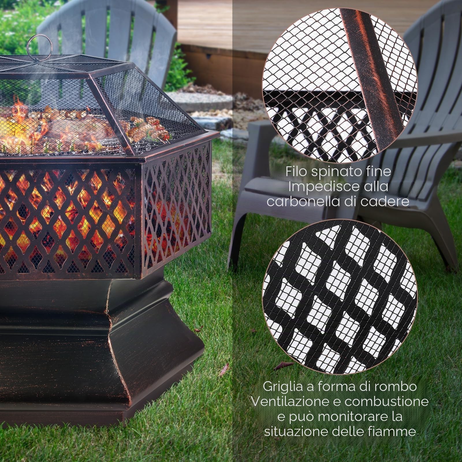 TLSUNNY Braciere da Esterno, Braciere da Giardino con Griglia, 71x71x63 cm | Fire Pit con Rete Protettiva, Griglia a Carbone e Attizzatoio, per Terrazza da Campeggio, Campeggio Riscaldamento