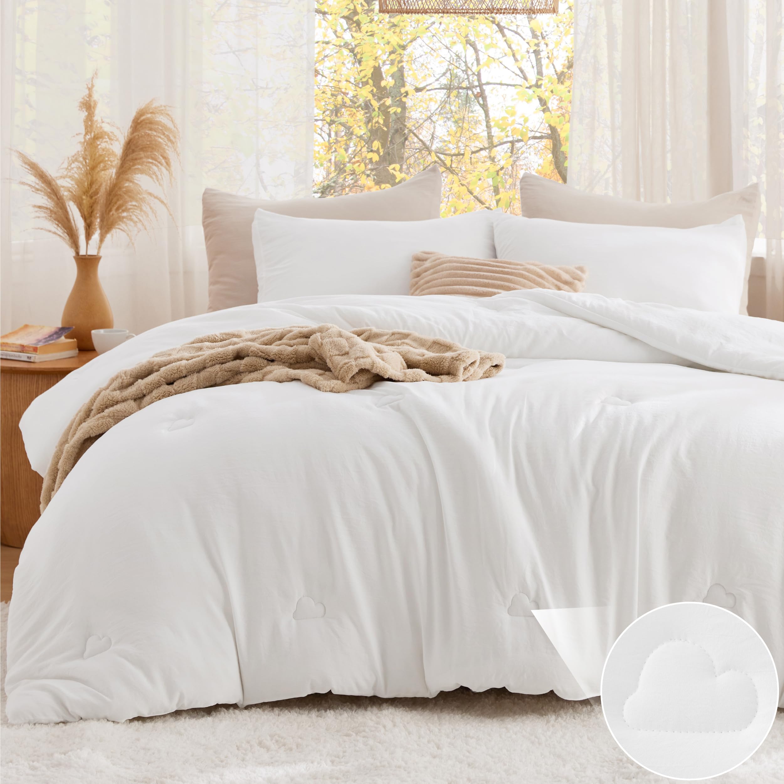 Bedsure King Size Comforter Set White, Soft Prewashed King Bedding, Quilted Comforter with Cloud Design, Down Alternative Comforter for All Seasons, 3 Pieces Bed Set with 2 Pillow Shams
