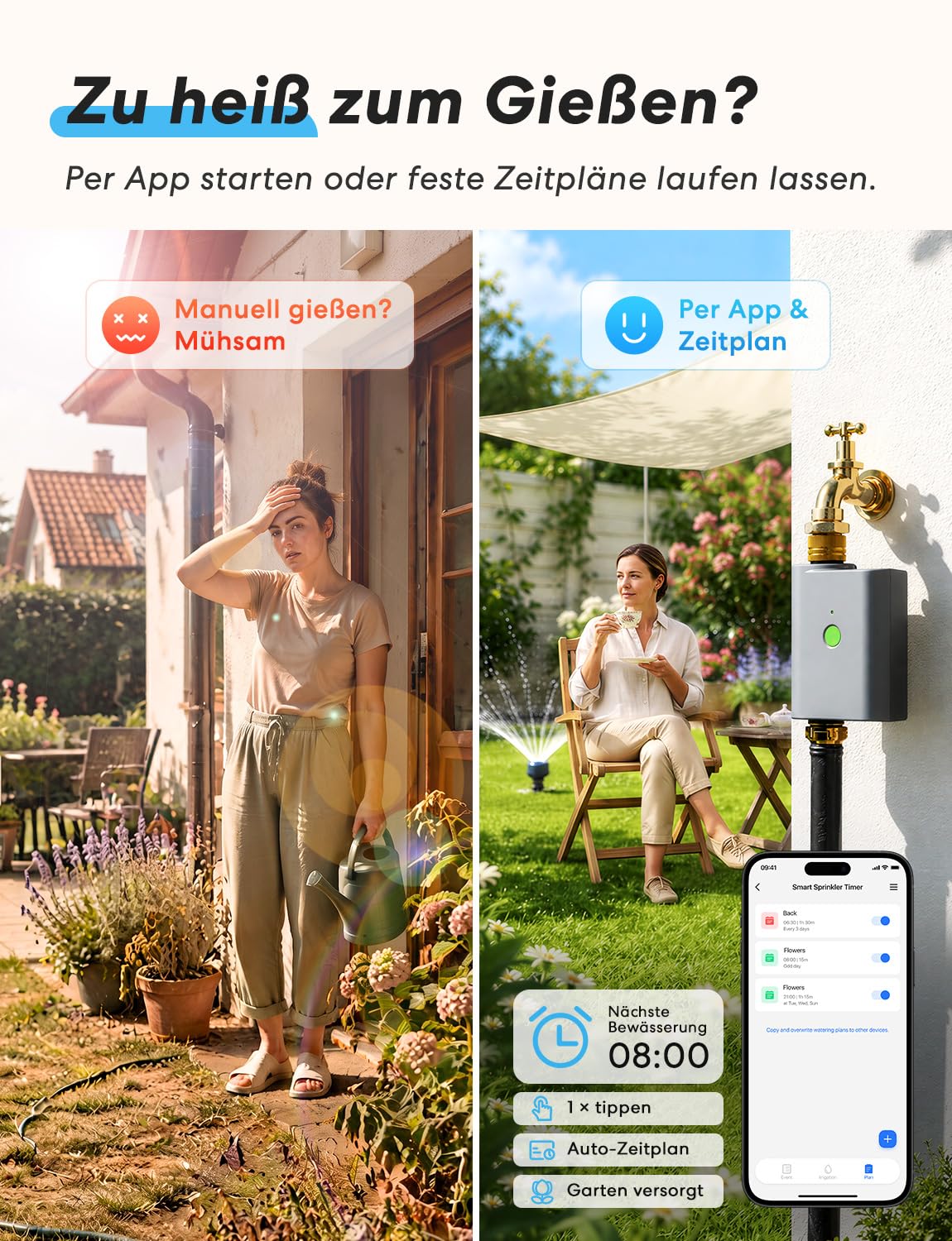 meross Bewässerungscomputer WLAN mit Smart Hub, Bewässerungstimer Garten, App- und Sprachsteuerung, Regenpause, Wasserverbrauchsanzeige, Messinganschlüsse, IP65, Alexa, Google & Apple Home, Grau