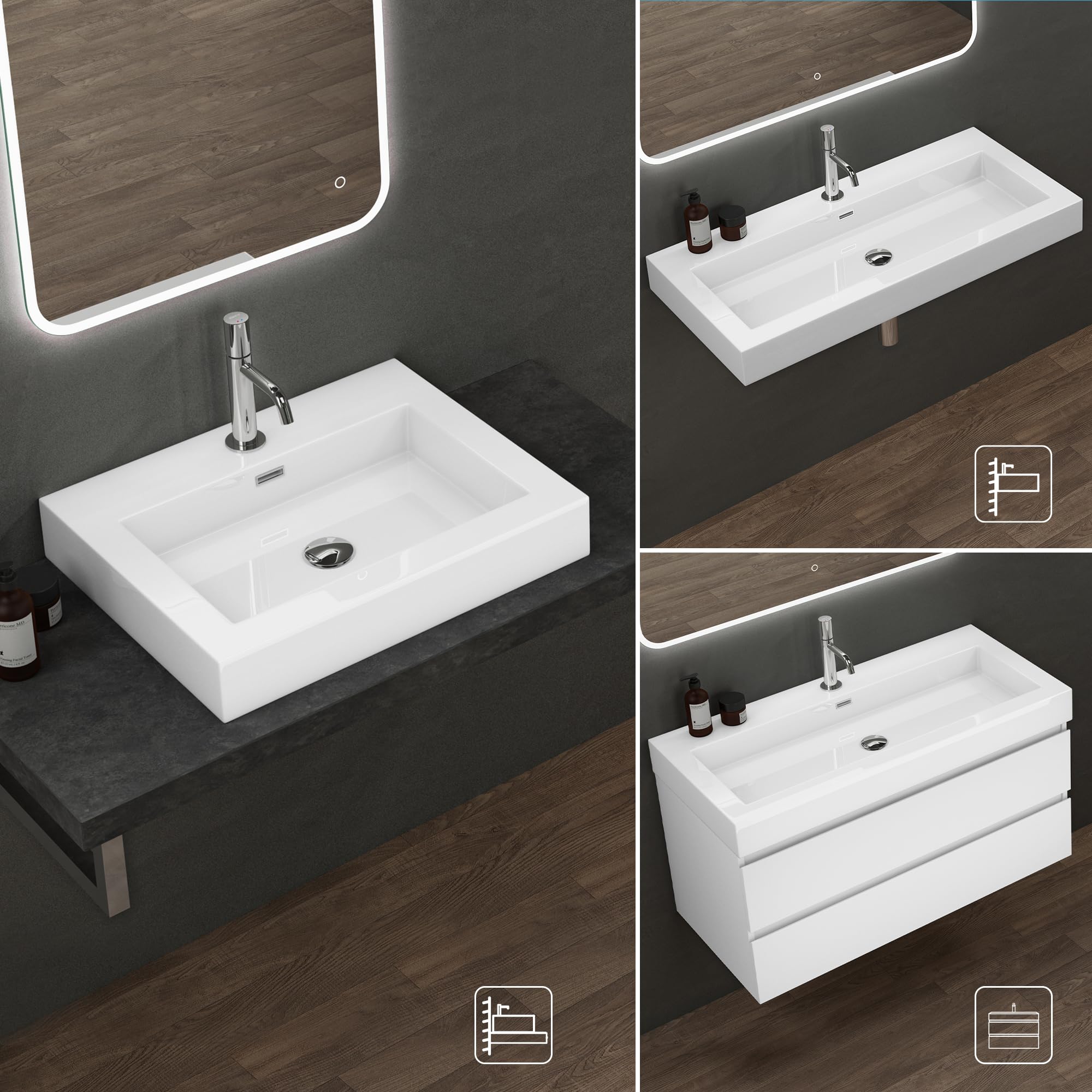 doporro Lavabo suspendido o lavabo sobre encimera blanco cuadrangular para lavamanos Colossum18-730 de 73cm de ancho Lavabo de mármol mineral fundido