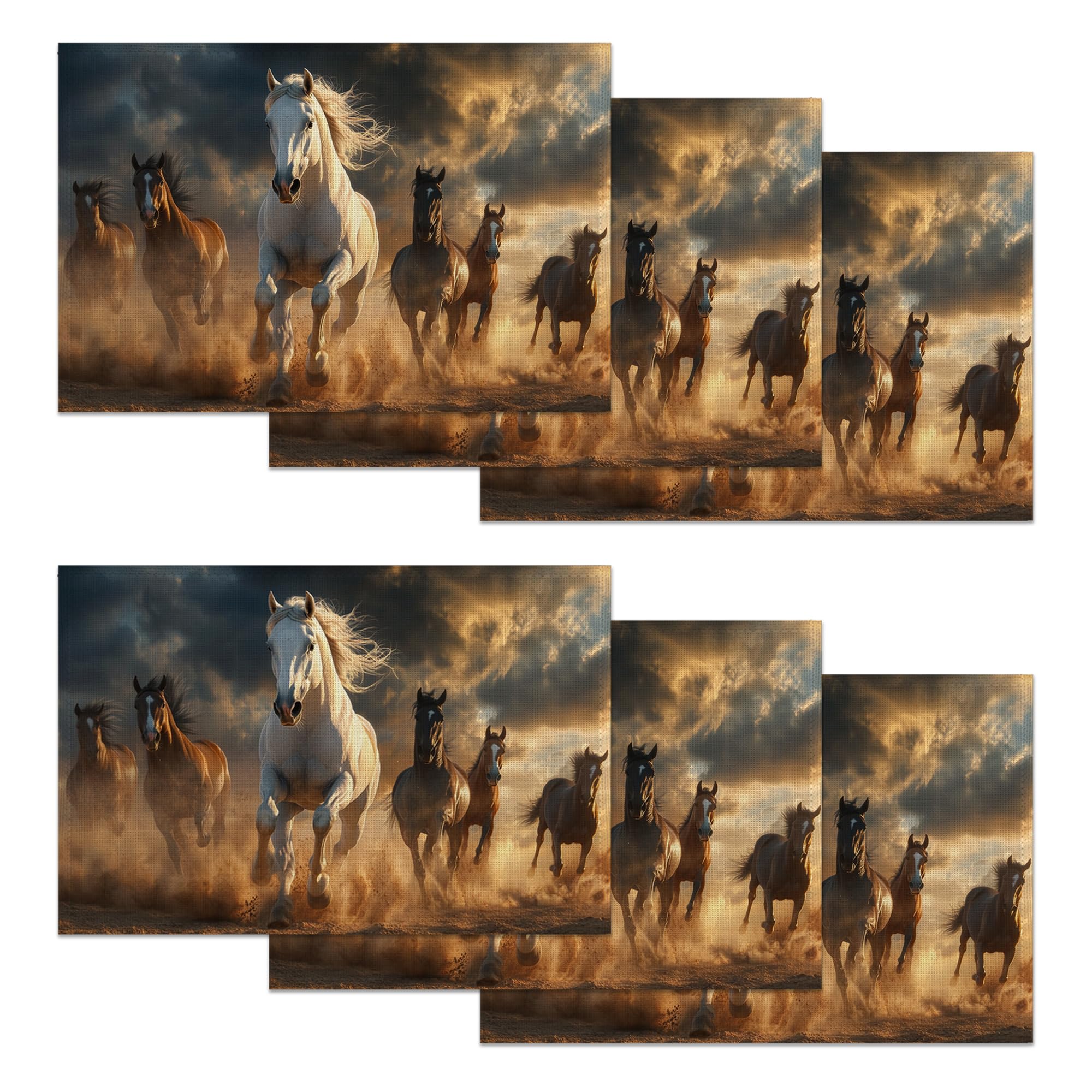Horses Running Placemats Set of 6,Desert Landscap Placemats Washable Kitchen Dining Linen Table Mats Stain Heat-Resistant for Home Party Indoor 12x18 inch