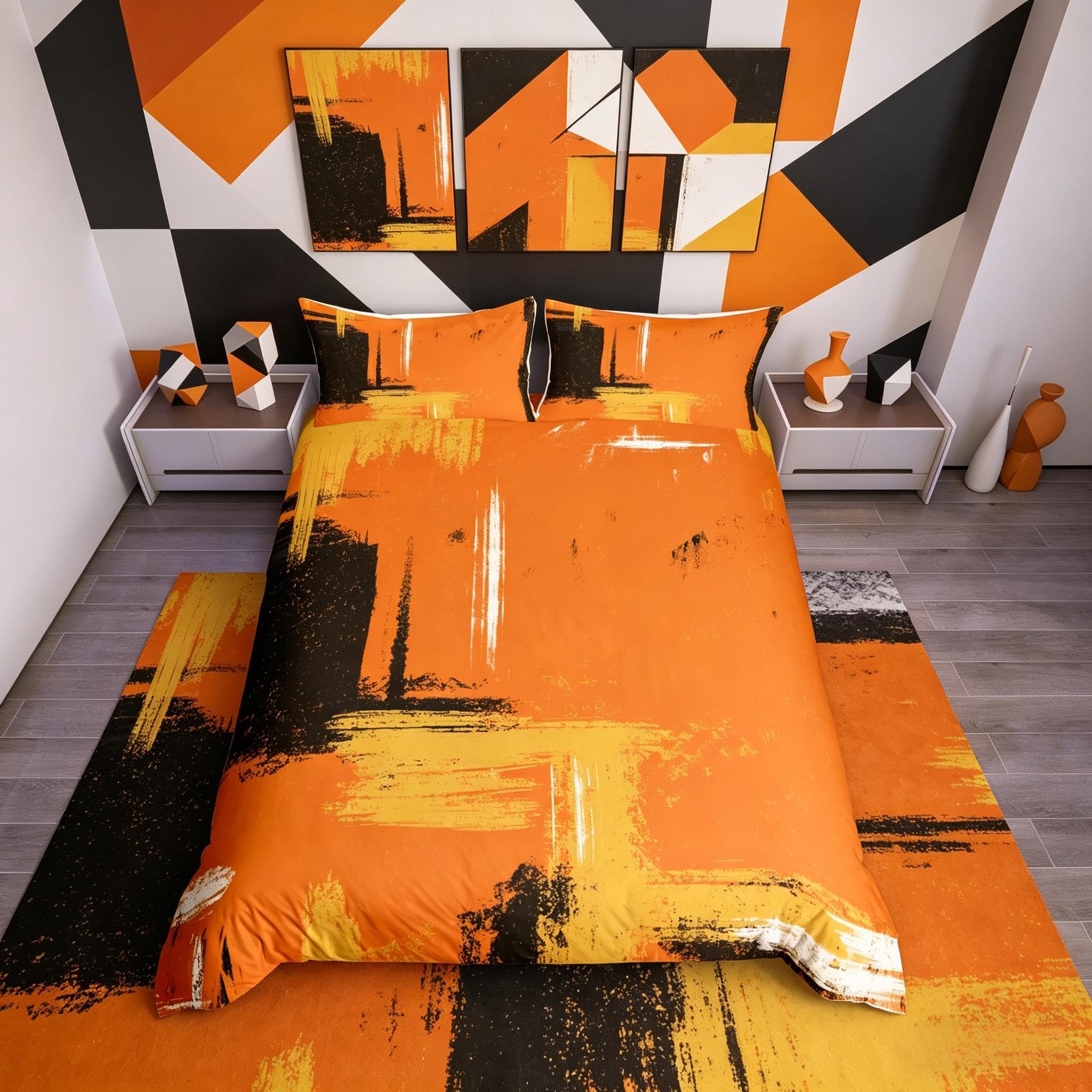 Abstract Bedding Set Modern Abstract Art Bedding Set for Kids Teens Retro Duvet Cover Orange Grey White Pattern Bedspread Cover Room Decor 3Pcs With 2 Pillow Case Double Size — image 1