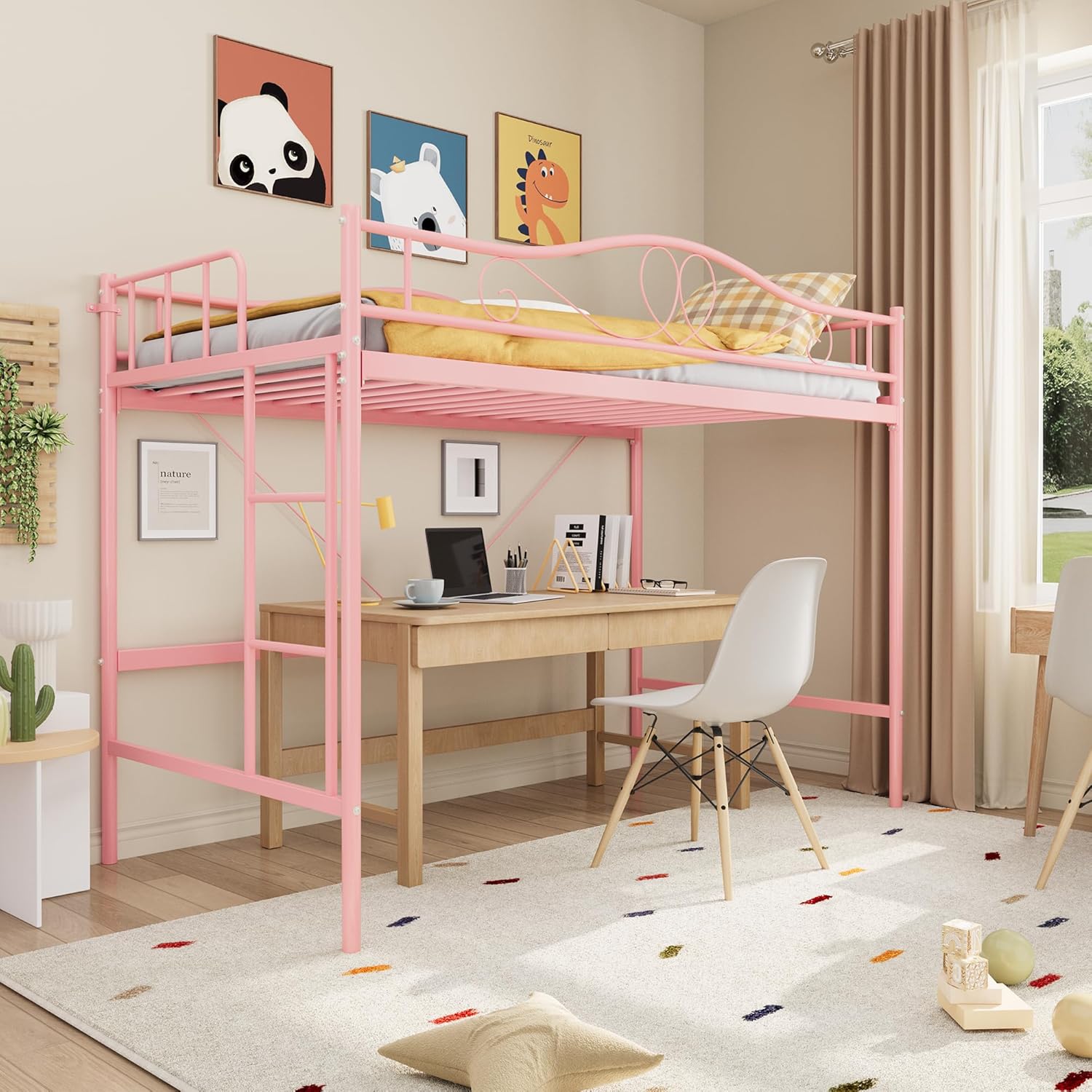 Garvee Loft Bed Twin Size, 400 Lbs Heavy Duty Metal Twin Loft Bed with Ladder & Safety Guardrail, Space-Saving, Noise Free, No Box Spring Needed, Easy Assembly, Pink
