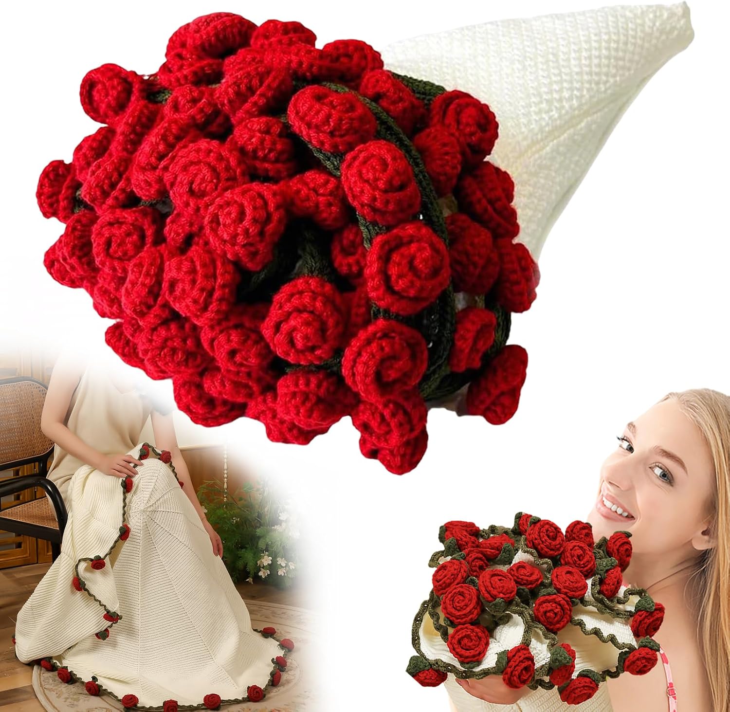 Crochet Rose Flowers Blanket Bouquet, Graduation Gifts Handmade Knitted Rose Throw Blankets, Ideal Gift for Women, Mom, Sister, Wife, Birthday, Valentine's Day (Red Rose, 59in)
