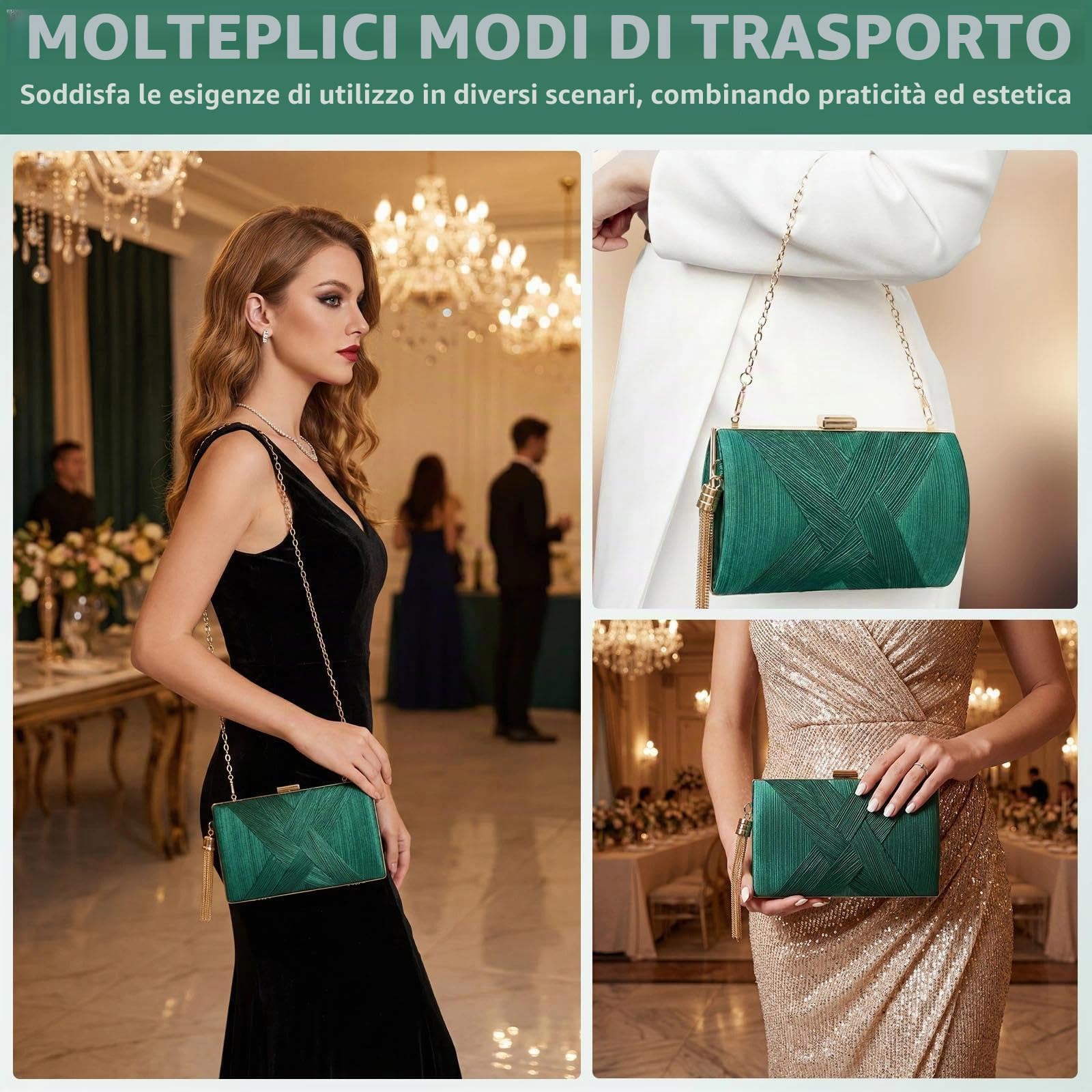 Pochette Oro da Sera Clutch Donna Pochette Dorata Cerimonia con 2 Catena, Elegante Borsa da Sera con Nappa da sposa Borsa Tracolla Piccola Borsetta per Feste di Matrimonio (Verde)