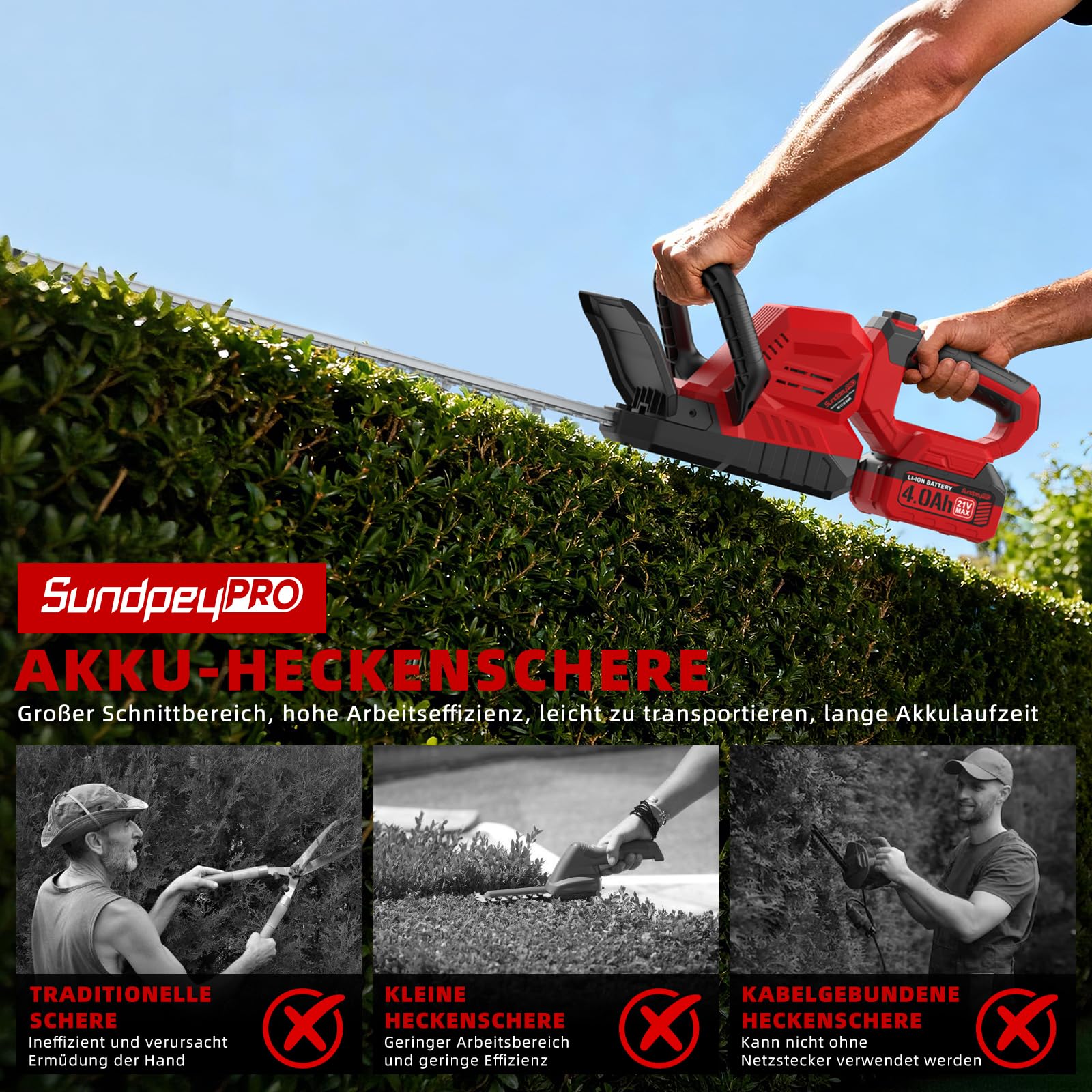 21V Heckenschere Akku 2x4.0Ah - Leichte Elektrische Heckenschere mit Akkus und Ladegerät, 53cm Dual Action Klinge, 16mm Zahnabstand, 180° Drehbarer Griff, Heckenschneider für Sträucher