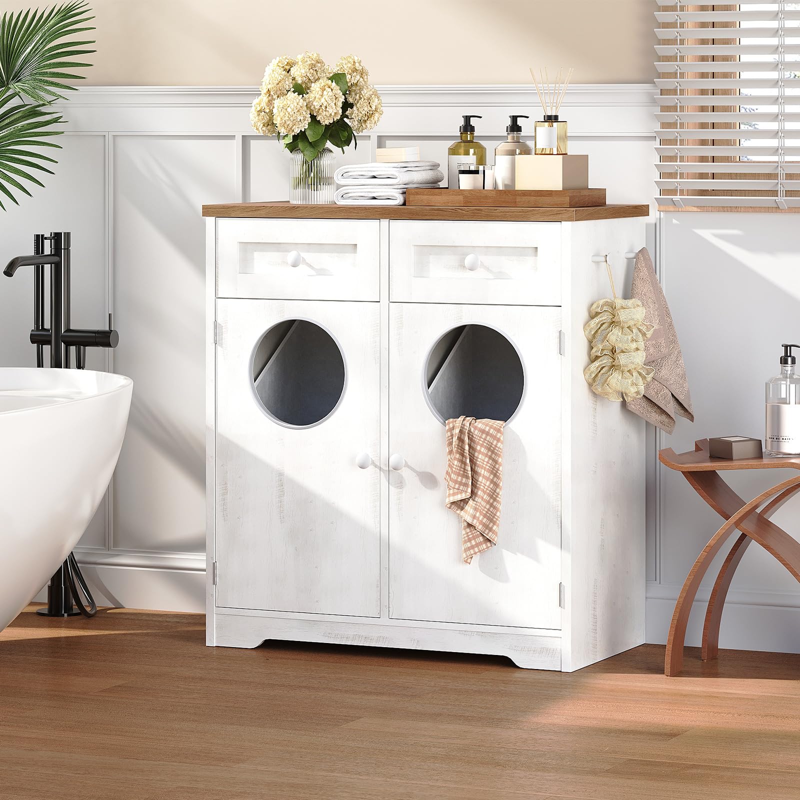 HOOBRO Mobile Portabiancheria per Bagno con Doppio Cesto Portabiancheria Inclinabile, Mobiletto Bagno con 2 Cassetto, 2 Sportelli, per Bagno, Lavanderia, Bianco e Noce EWHZ36XY01