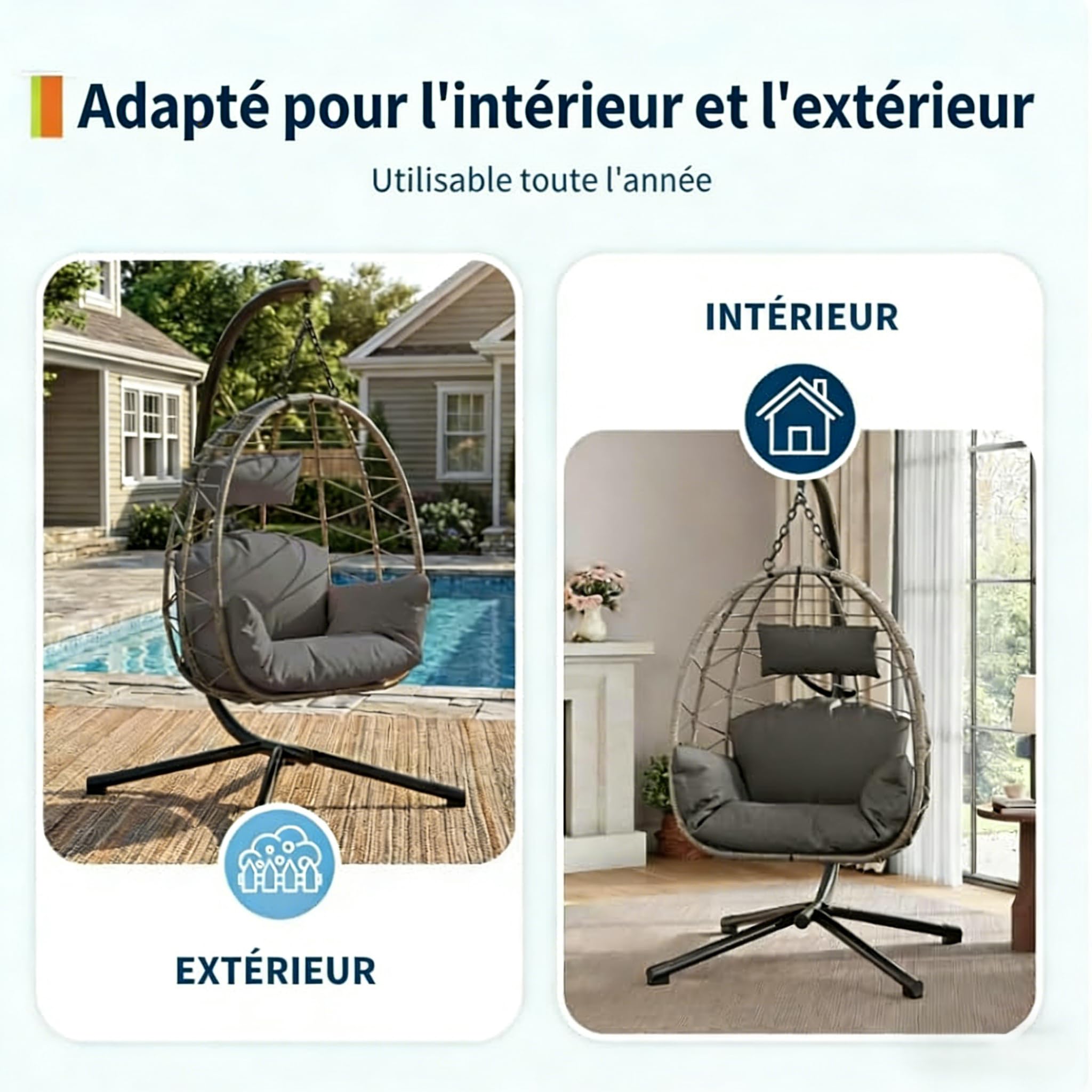 Fauteuil Suspendu Œuf en Rotin avec Support, Pliable & Hauteur Réglable – Housse Imperméable Incluse – Résistant aux Intempéries, Montage Ultra Facile – Idéal pour Jardin, Terrasse, Balcon et Intérieu