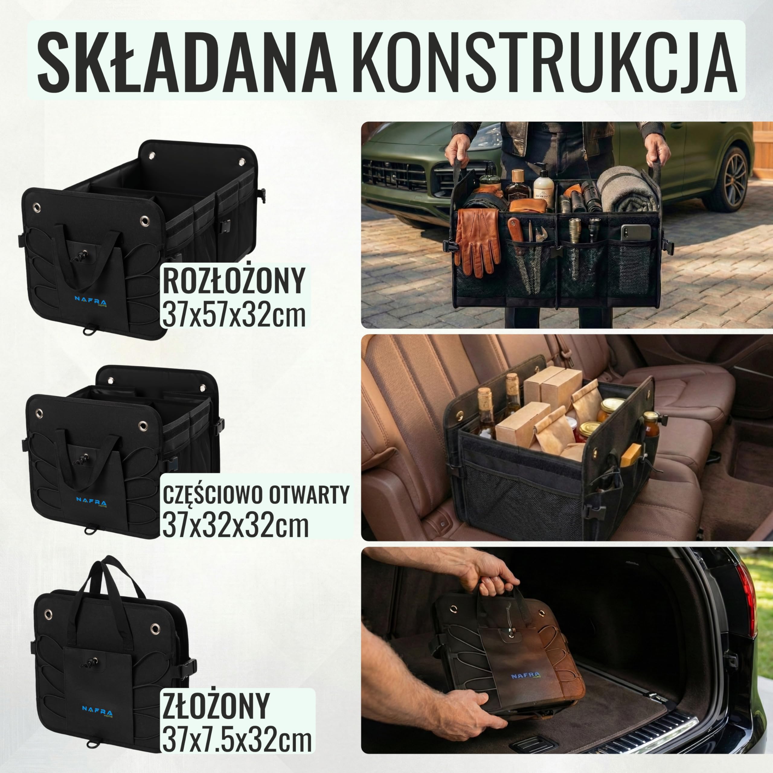 Organizer do Bagażnika 65L – Organizer Samochodowy Składany z Pokrywą i Antypoślizgowym Spodem – Torba do Samochodu z Tkaniny Oxford 600D, Sztywna Konstrukcja, Czarny