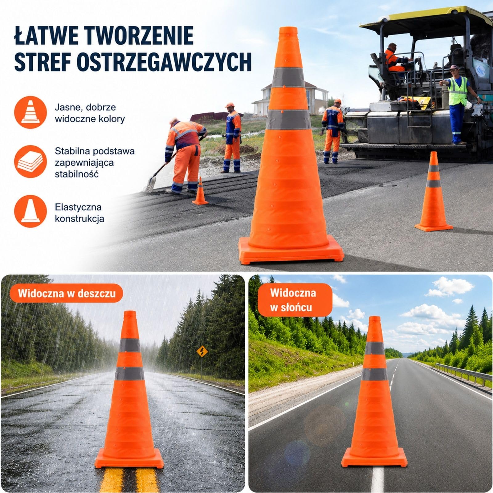 4 sztuki składanych pomarańczowych pachołków drogowych z szarymi pasami, szeroką podstawą i torbą do przechowywania