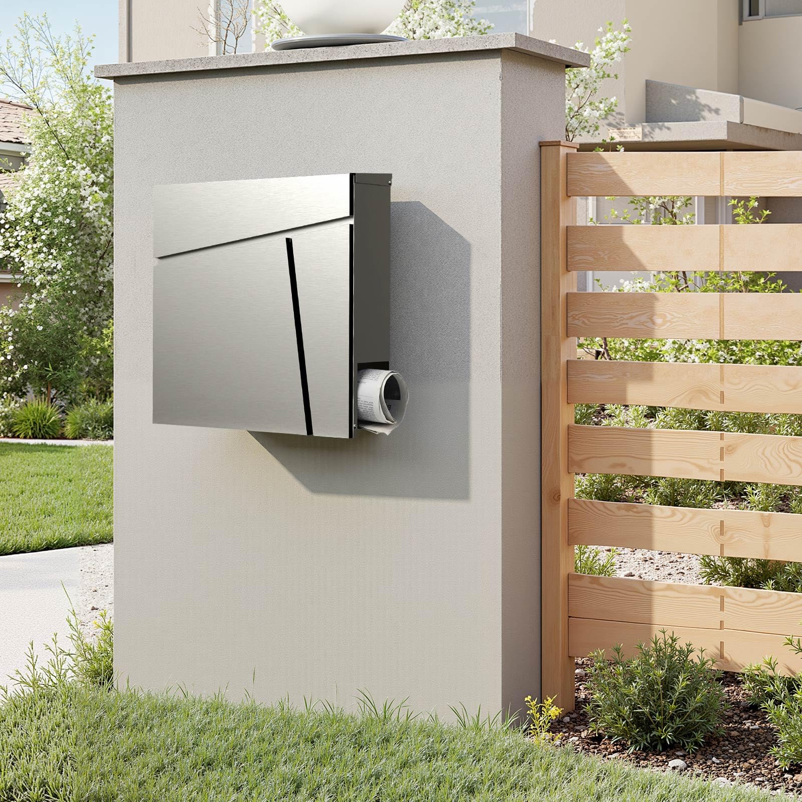 Wiltec Cassetta postale con vano portagiornale V23 acciaio inox 370 x 102 x 370 mm