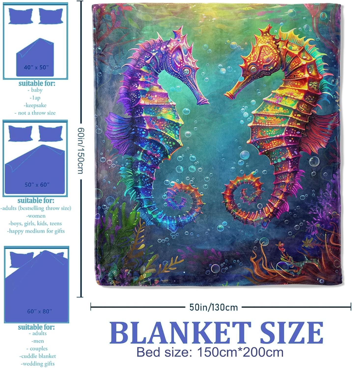 Colorful Seahorse Ocean Throw Blanket for Women Girls Boys, Soft Flannel Blankets Gifts for Living Room Couch, Home, Sofa Decor, 50"x60" - Image 2