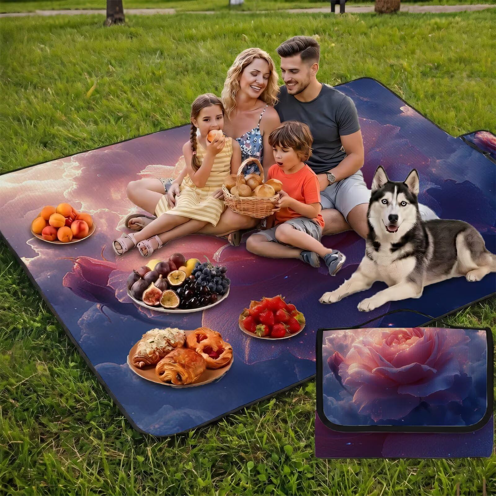 Couverture Pique Nique Grande 200x300cm,Outdoor Couverture Imperméable,Pliable Tapis de Plage Dos en PVC Anti-Sable,Picnic Blanket pour Camping Accessoires,Jardin,Parc - Nuages,Fleurs (2) FZ-98