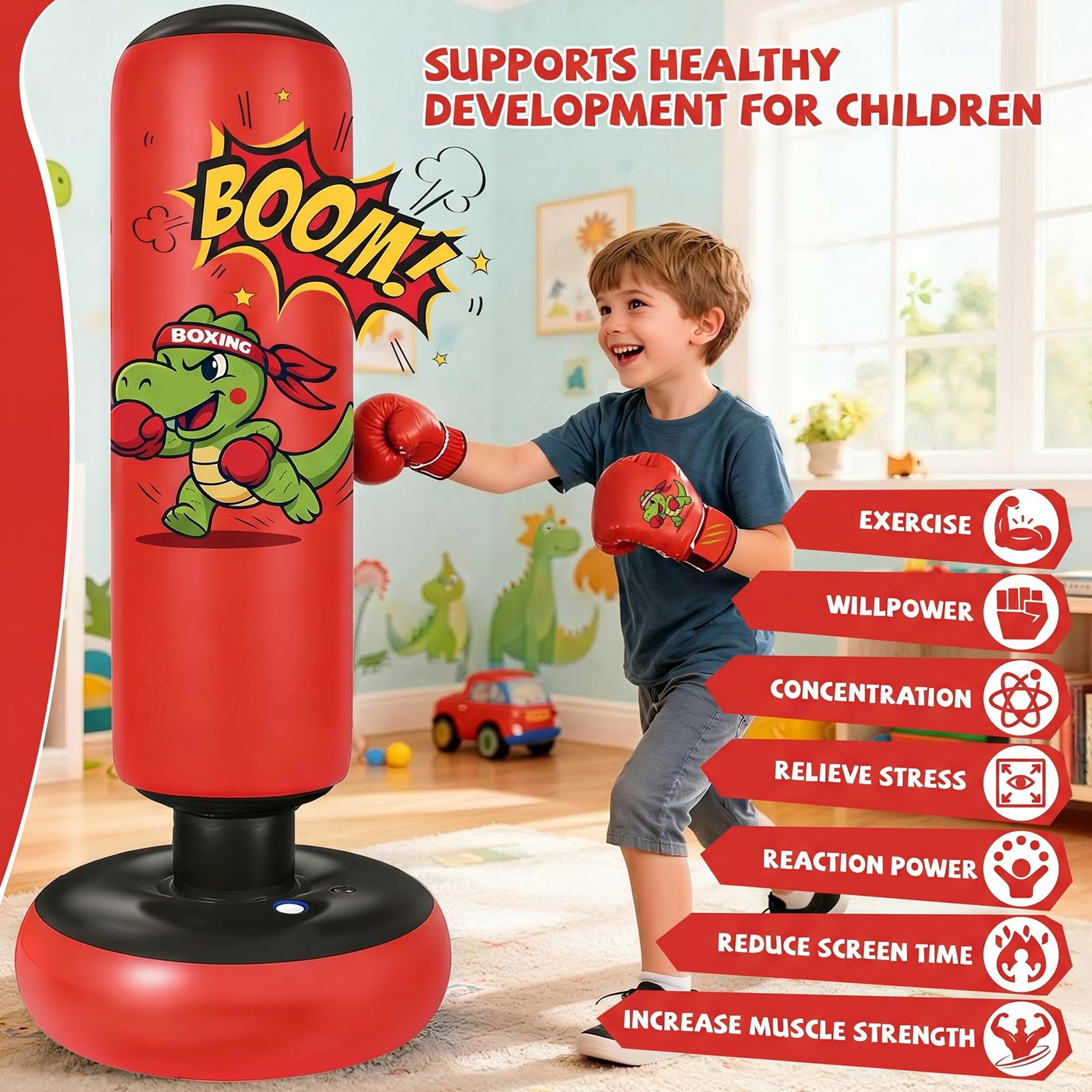 Ninonly 130cm Sacco da Boxe Bambini Motivo a Dinosauro Rosso | Pungiball Bambini con Guantoni e Pompa, Regalo per Bambini e Bambine Età 3+,per Karate e Taekwondo