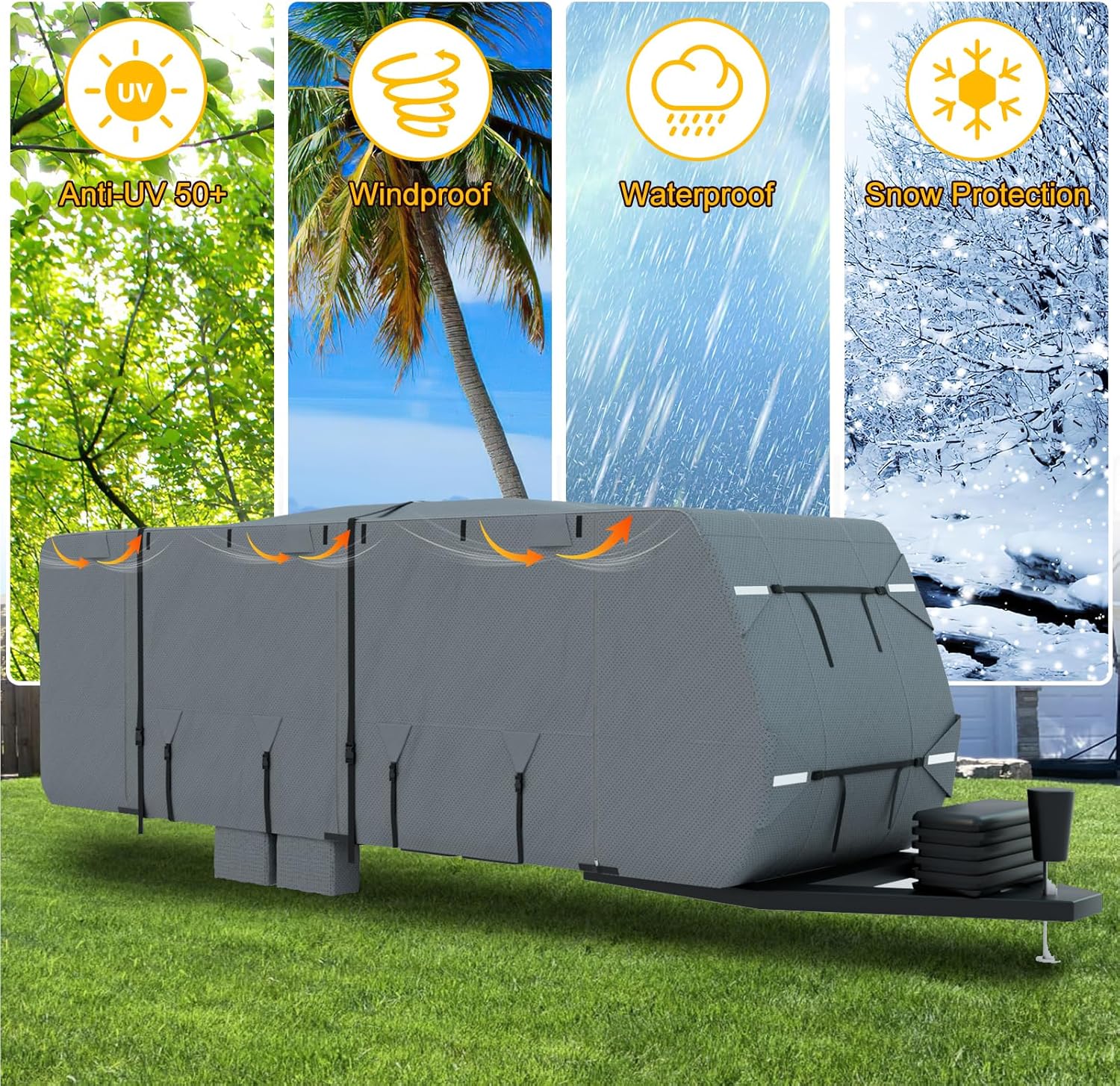 Mofeez Travel Trailer RV Cover, Extra-Thick Upgraded 7 Layers for Camper Cover 22'-24' Windproof Waterproof Rip-Stop RV Covers with Adhesive Repair Patches, 2Pcs Extra Straps & 4 Tire Covers