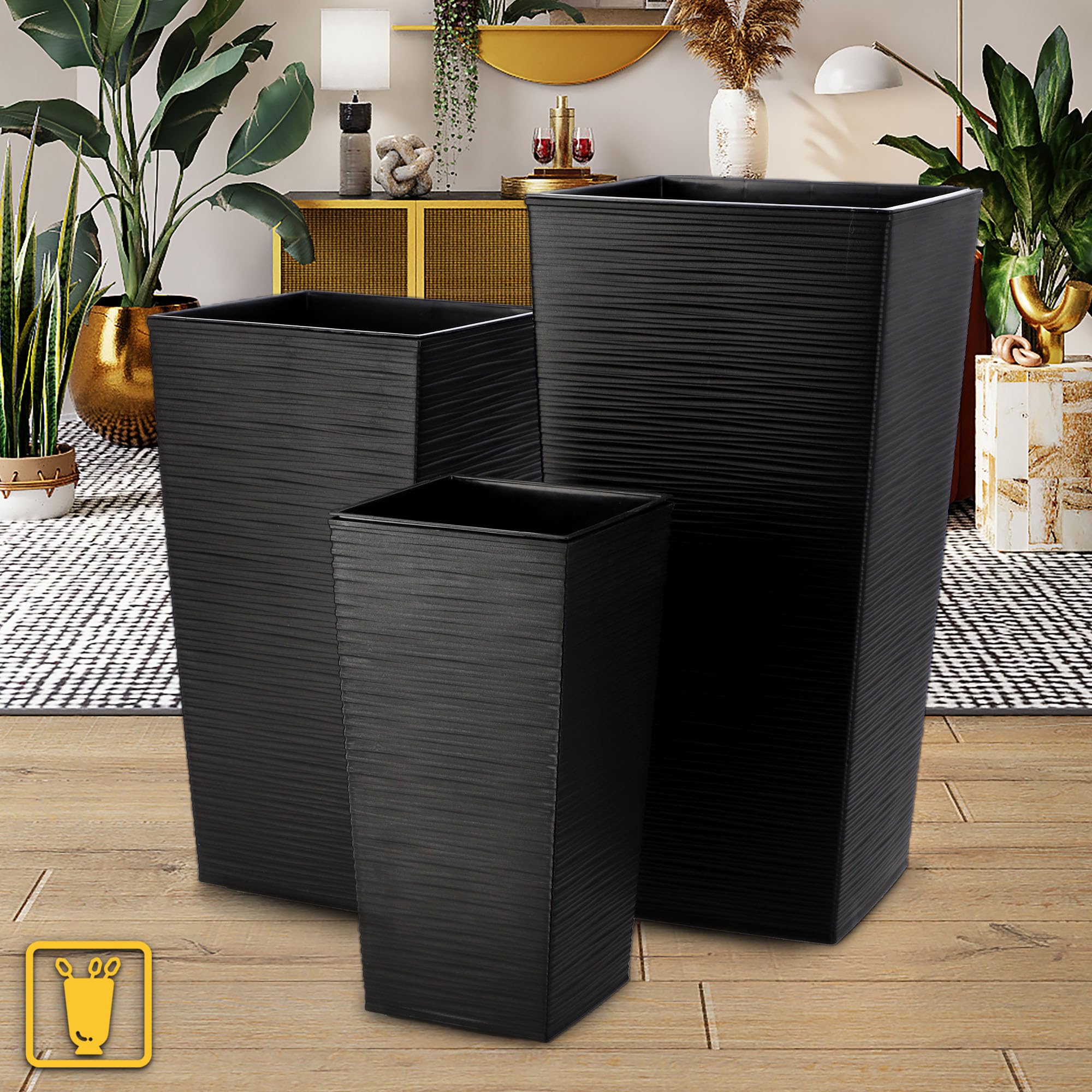 KADAX Lot de 3 Set de 3 Pots de Fleurs Hauts – H 46,5/57,5/68 cm – Noir – intérieur/extérieur – pour Balcon, Jardin ou Salon