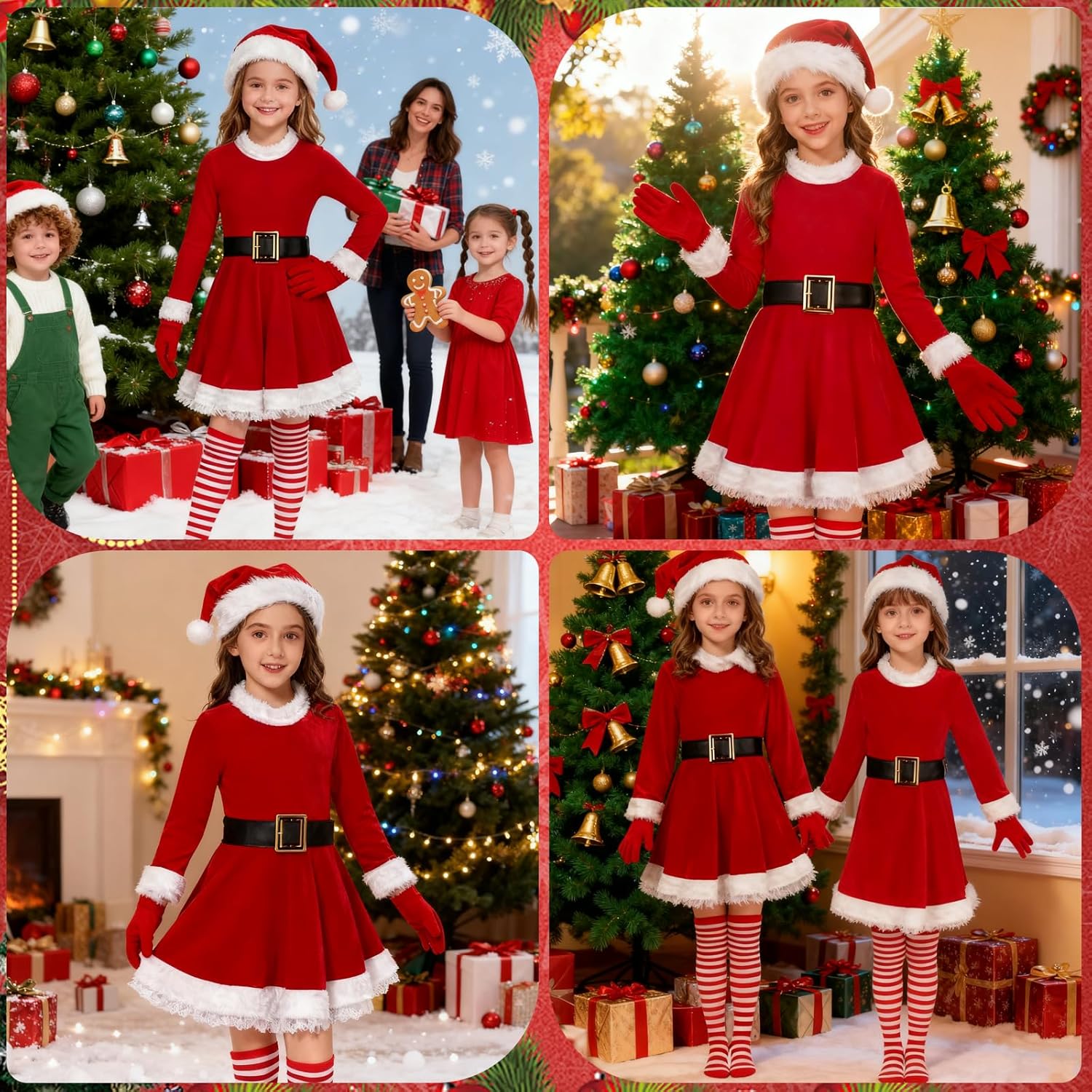 Kids Girls Santa Dress - Mrs Claus Costume Christmas Outfit with Belt Socks Hat Gloves - Image 5
