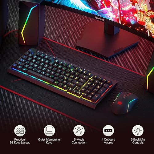 Miniatura 2 de Redragon S142 Combo de teclado y mouse inalámbricos para juegos, teclado de membrana RGB K515 PRO de 98 teclas y mouse inalámbrico de 4800 DPI