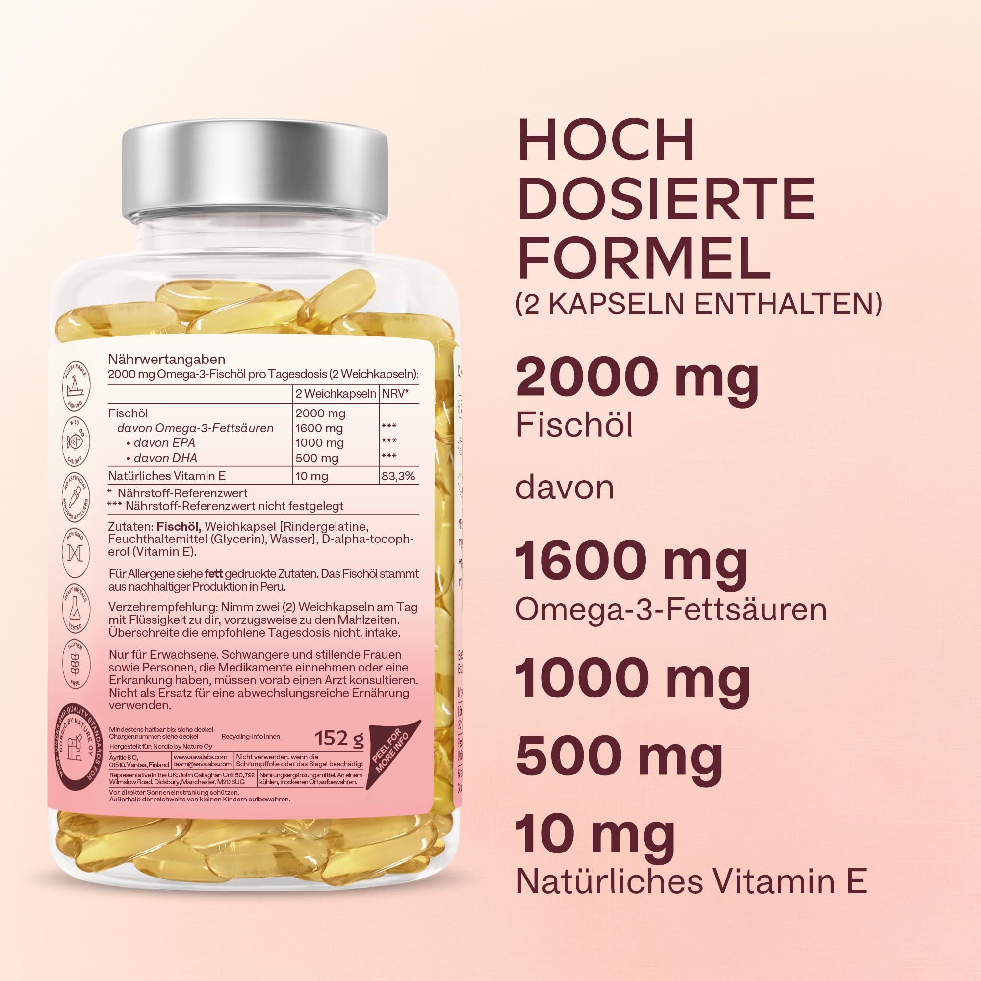 Omega 3 Kapseln Hochdosiert 2000mg Omega 3 Öl 1000mg EPA + 500mg DHA pro Tagesdosis (2 Premium Omega 3 Fischöl Kapseln) - Omega-3-Fettsäuren Kapseln - 120 Kapseln Fischöl Omega 3 Hochdosiert 60 Tage